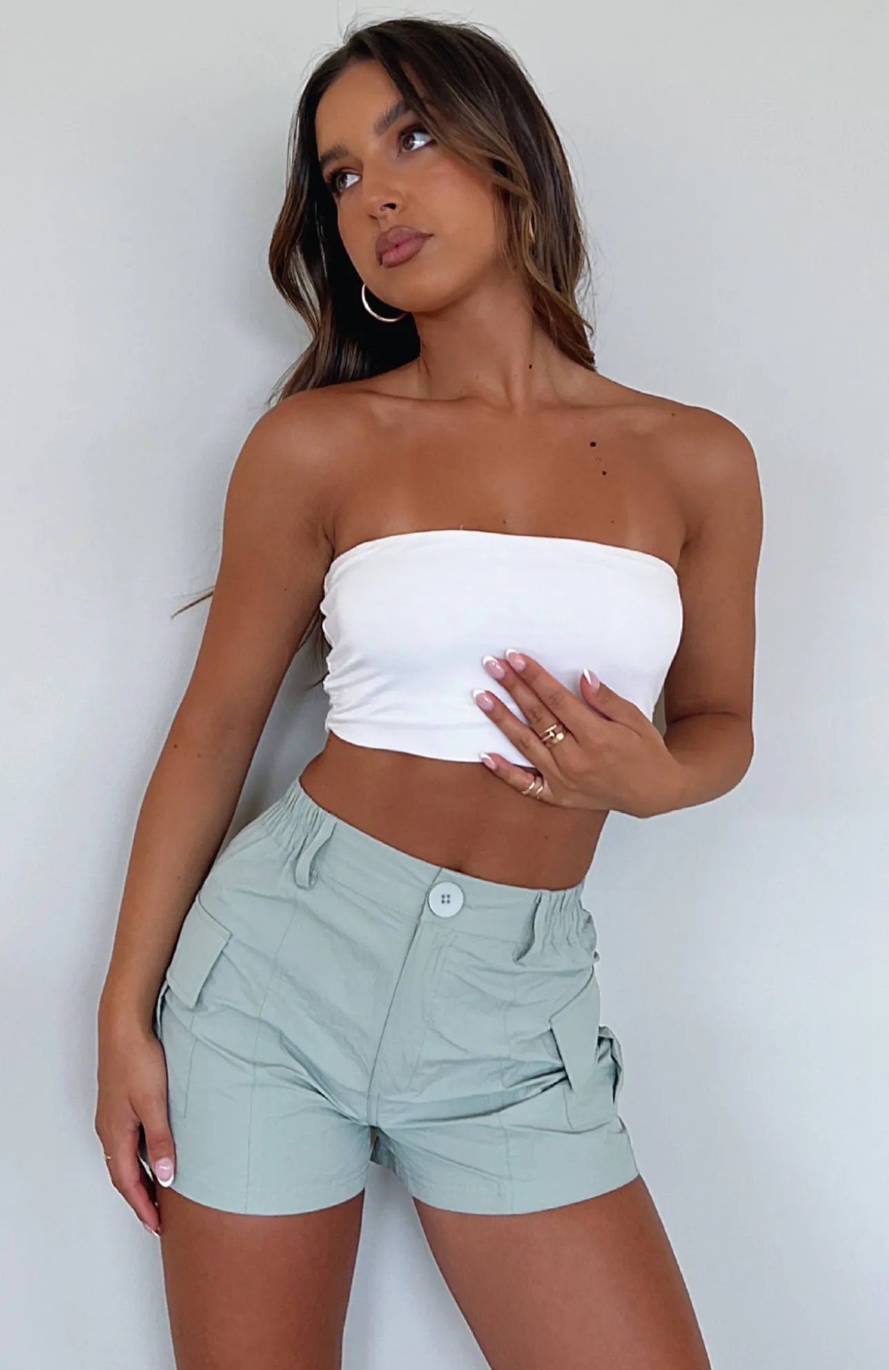 White Fox Boutique Living On The Edge Cargo Shorts Sage green Clearance