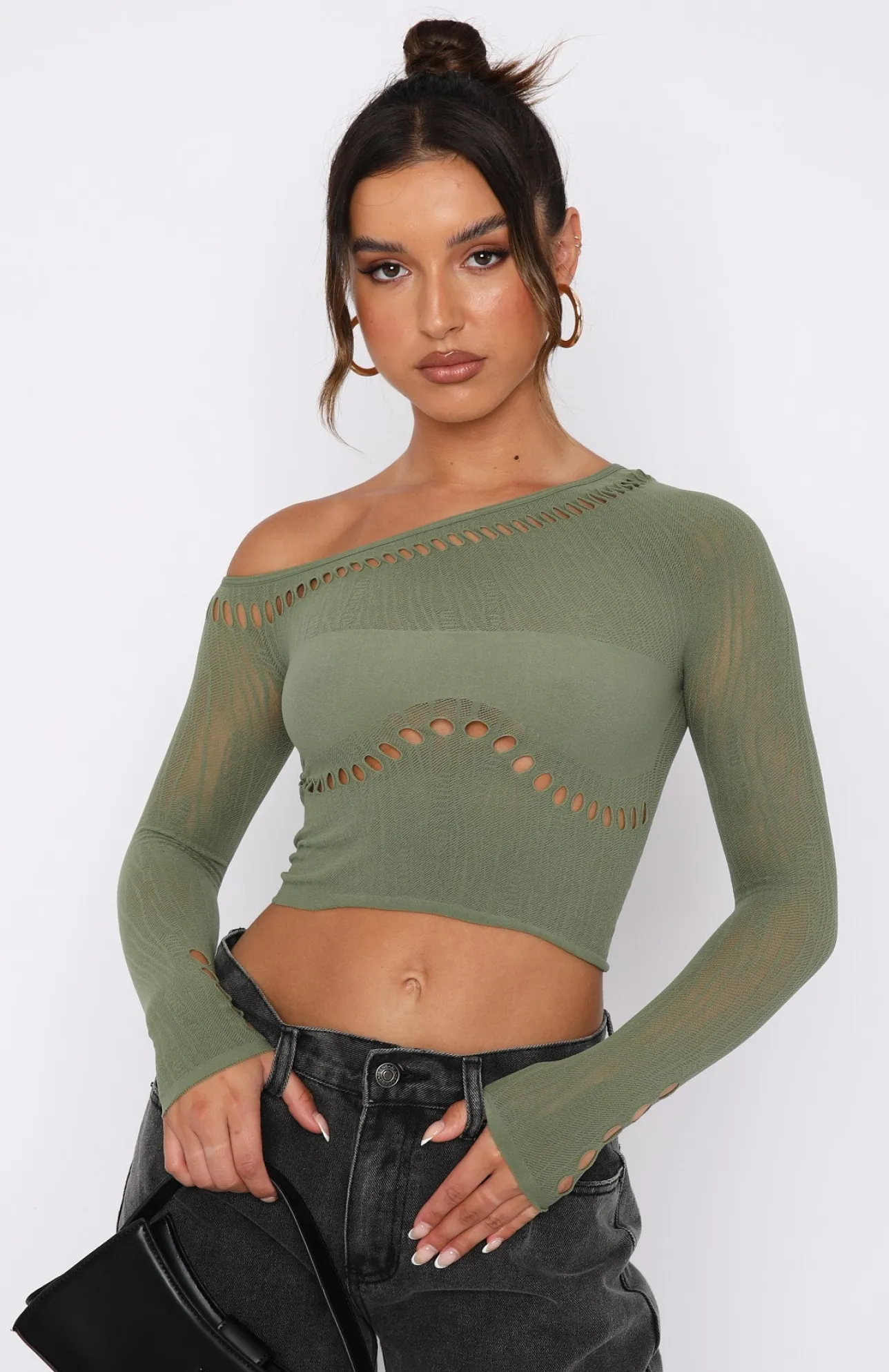 White Fox Boutique Losing Sleep Long Sleeve Top Khaki green Outlet