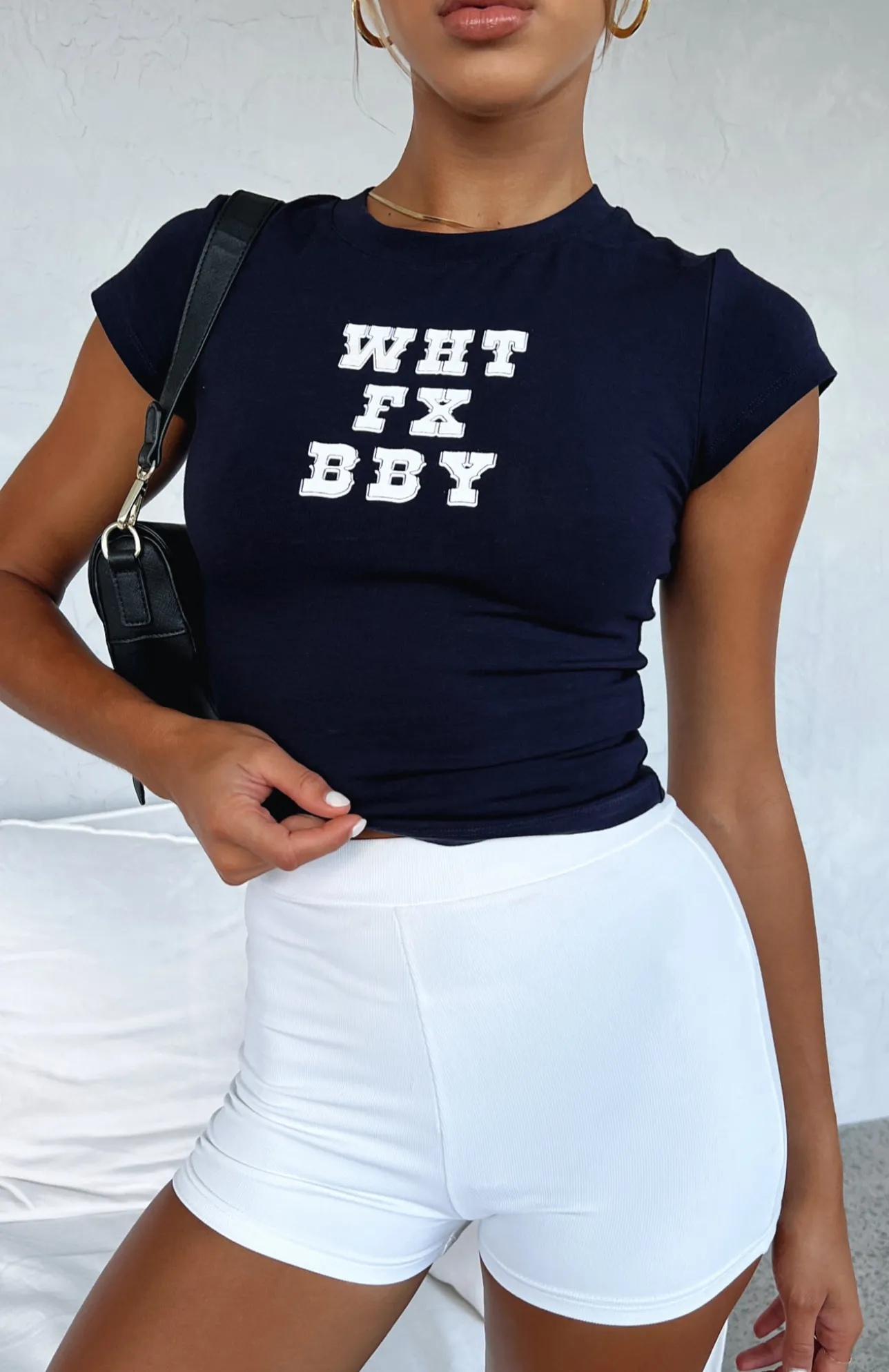 White Fox Boutique Mad About It Baby Tee Navy blue New