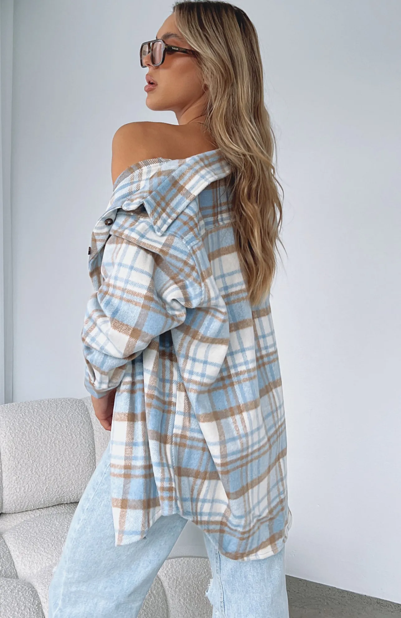 White Fox Boutique Make It Better Plaid Shirt blue Outlet