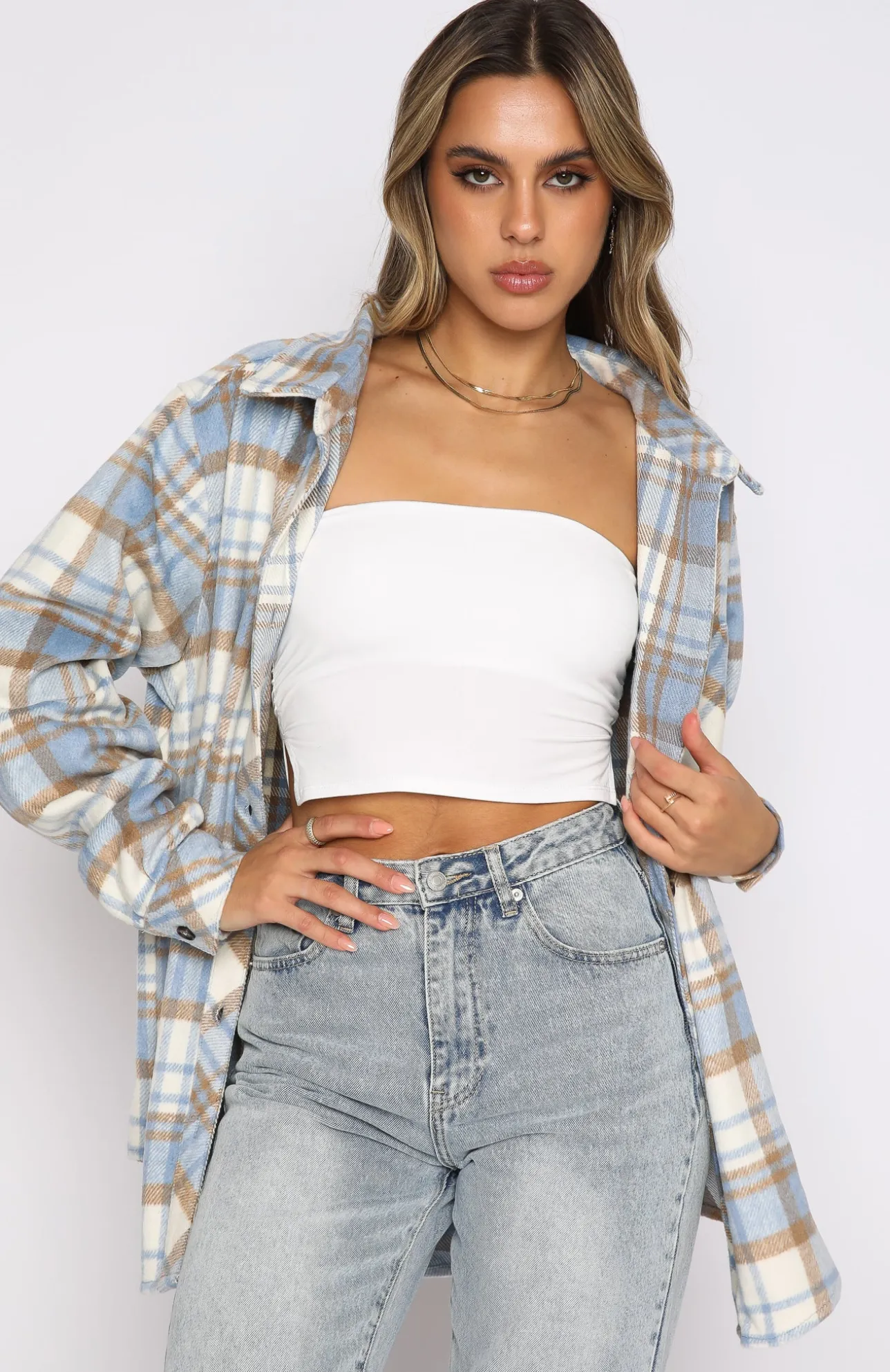 White Fox Boutique Make It Better Plaid Shirt blue Outlet