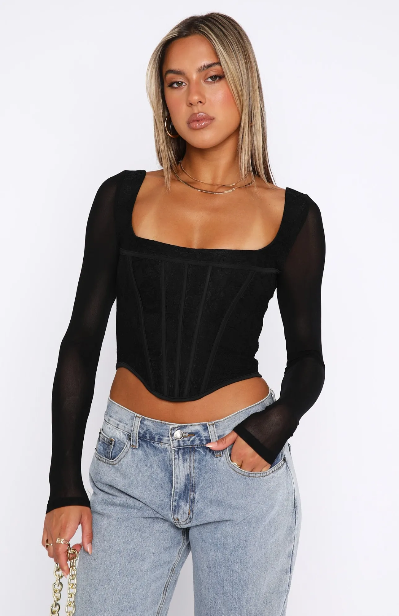 White Fox Boutique Met In The South Long Sleeve Lace Bustier black Cheap