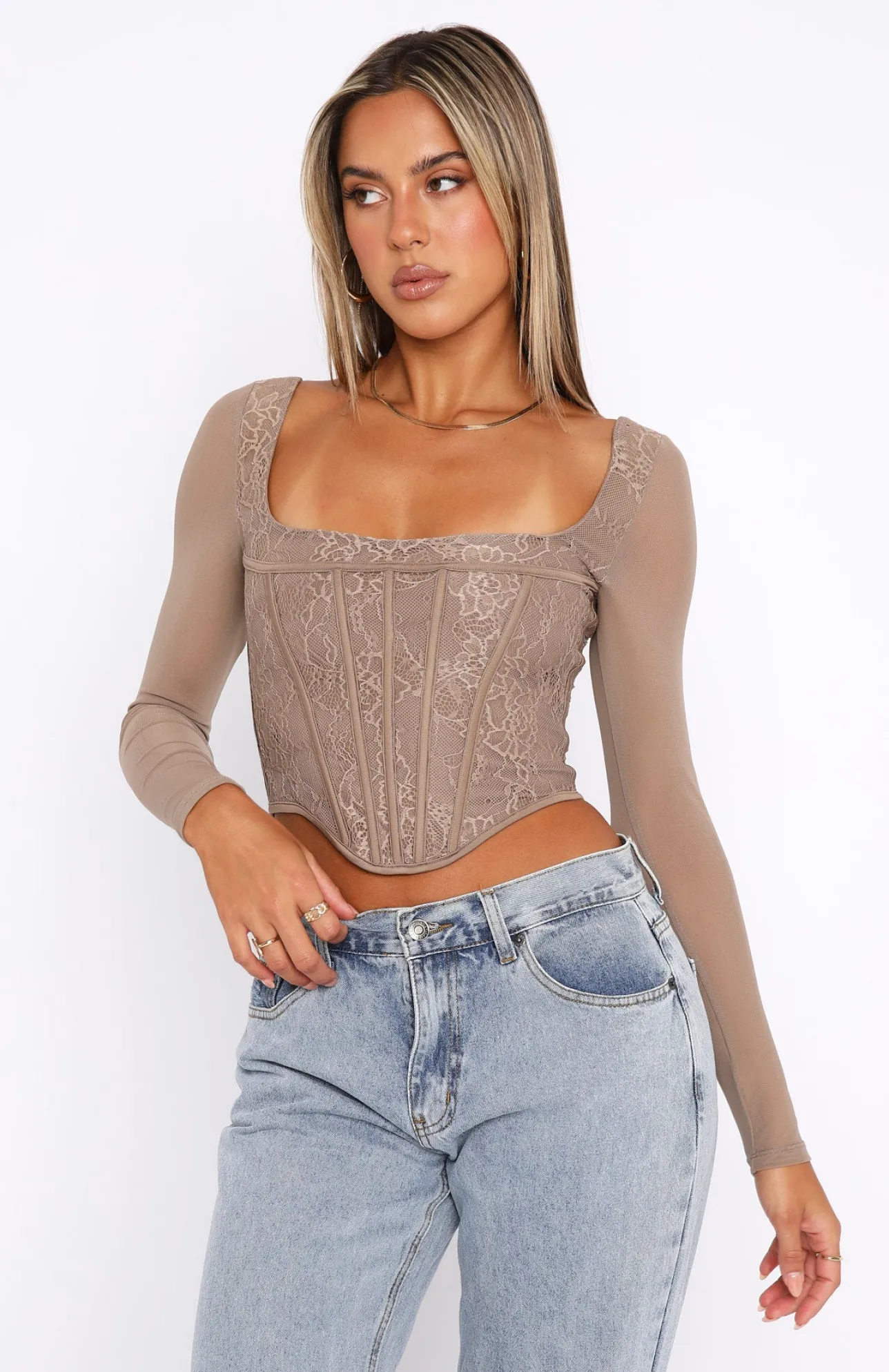 White Fox Boutique Met In The South Long Sleeve Lace Bustier Mocha brown Shop