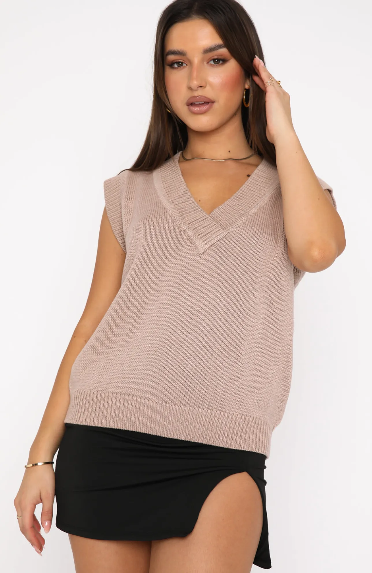 White Fox Boutique Mixed Messages Knit Vest Stone nude Cheap