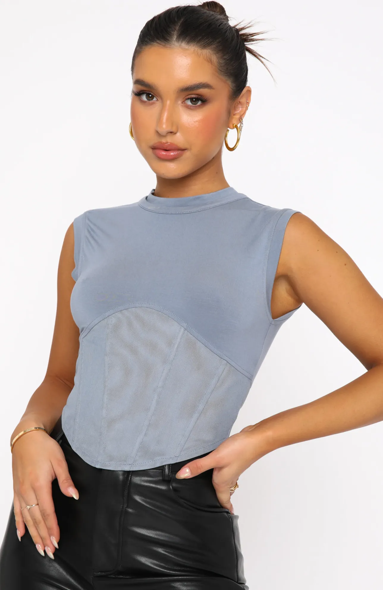 White Fox Boutique Mixed Ties Corset Tank Steel blue Online