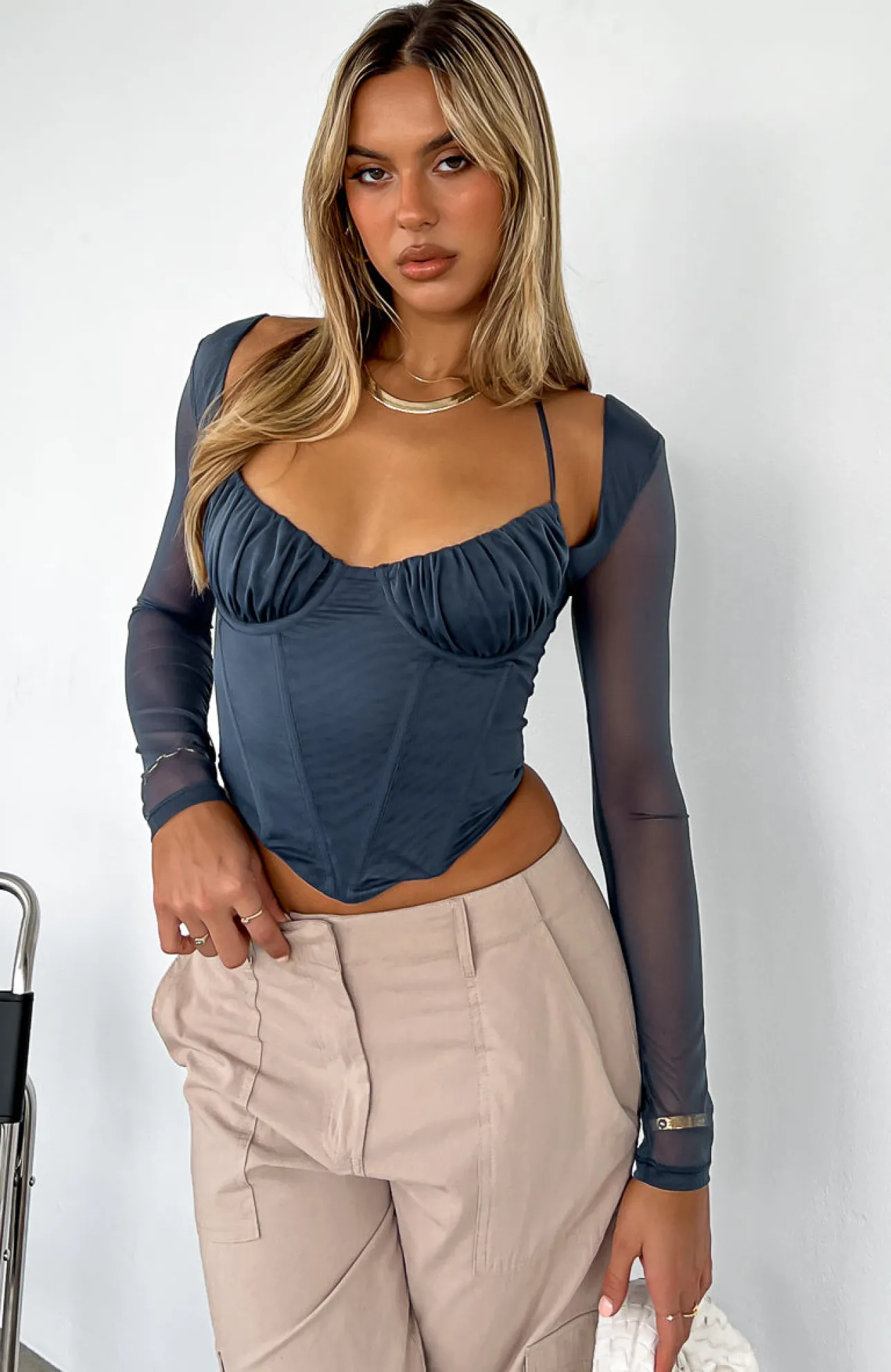 White Fox Boutique Must Be Magic Long Sleeve Bustier Steel blue Cheap