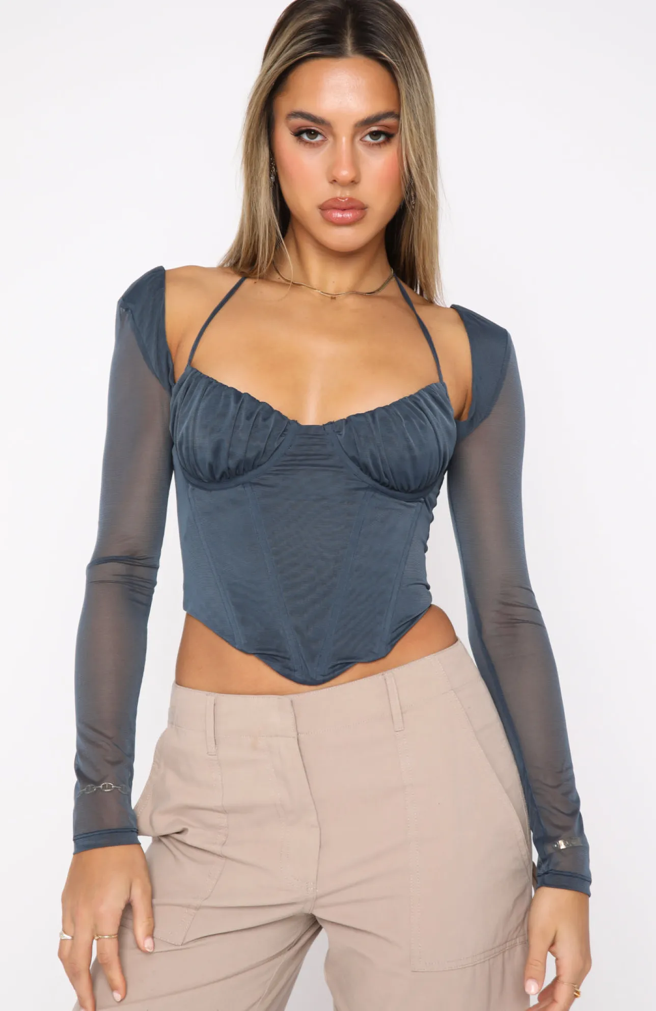 White Fox Boutique Must Be Magic Long Sleeve Bustier Steel blue Cheap