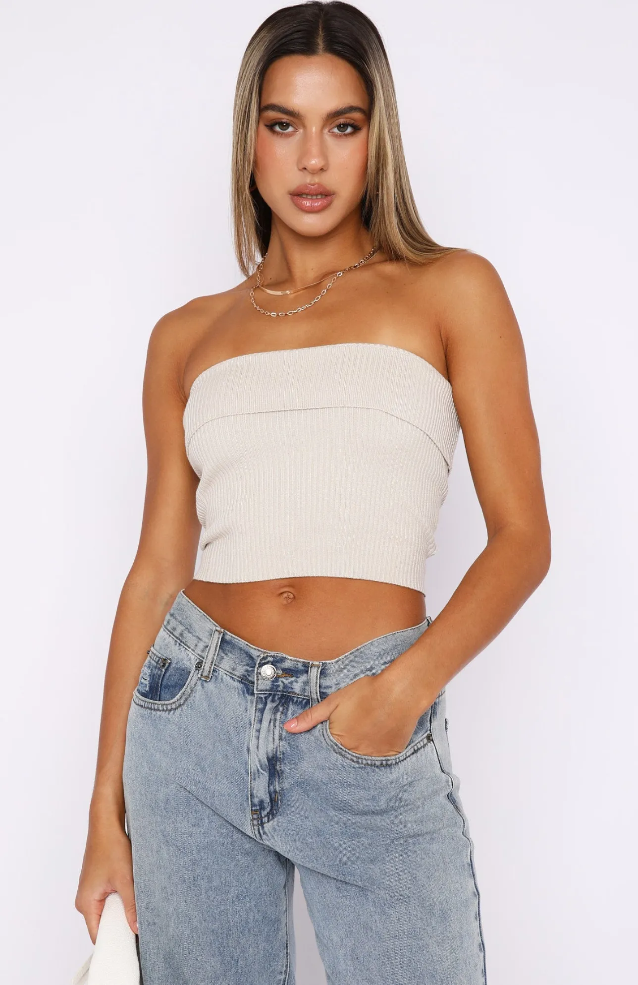 White Fox Boutique Neutral Feeling Knit Crop Oat nude Cheap
