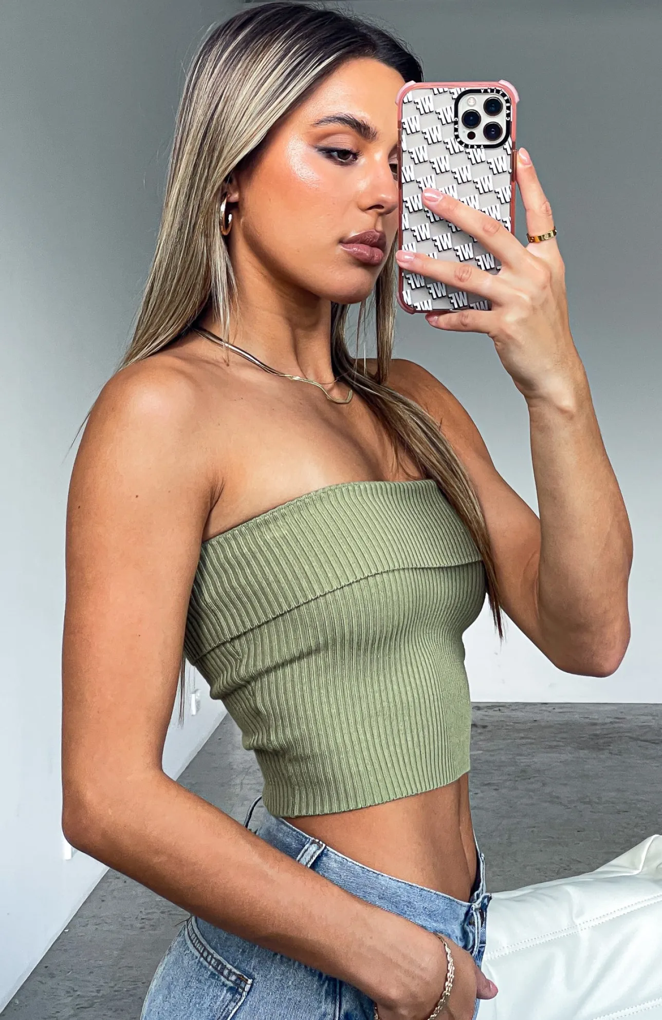 White Fox Boutique Neutral Feeling Knit Crop Olive green Sale