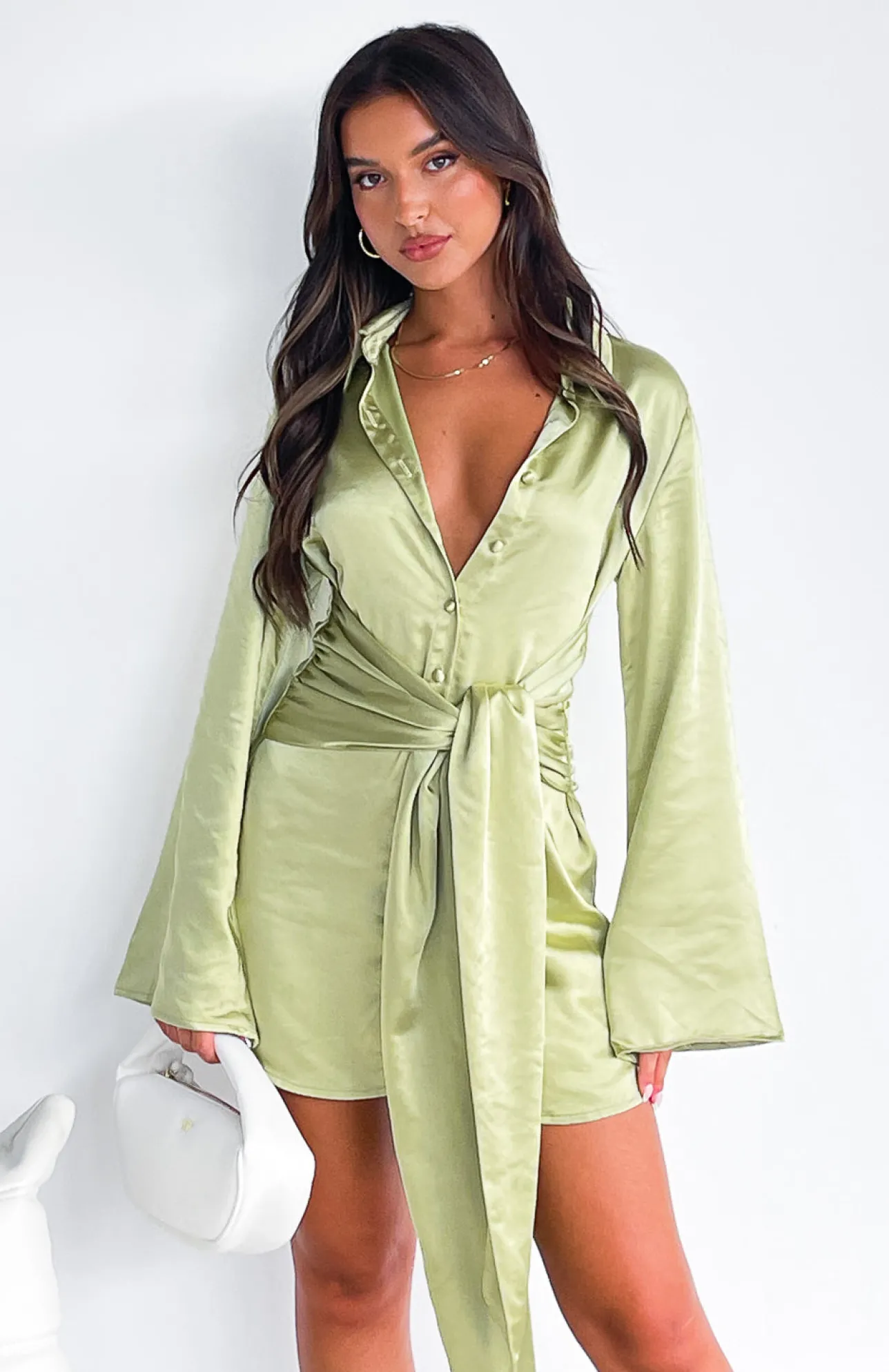 White Fox Boutique Night Out Long Sleeve Mini Dress Matcha green Best Sale