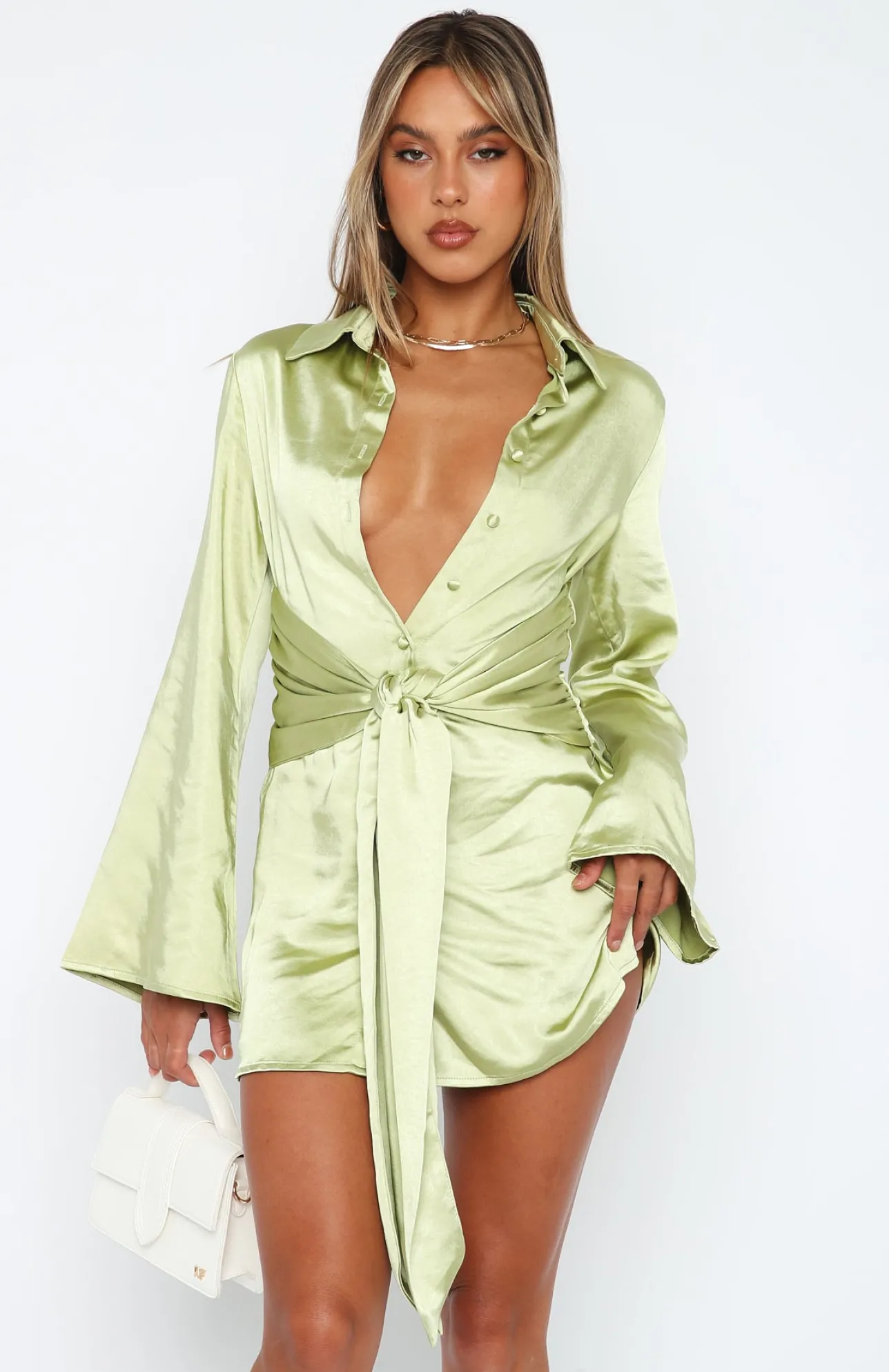 White Fox Boutique Night Out Long Sleeve Mini Dress Matcha green Best Sale
