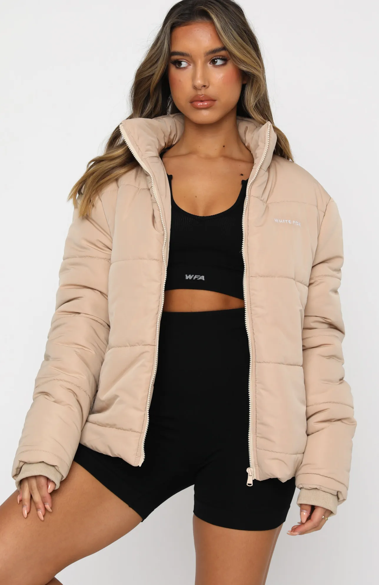 White Fox Boutique Not Giving In Puffer Jacket Sand nude Best