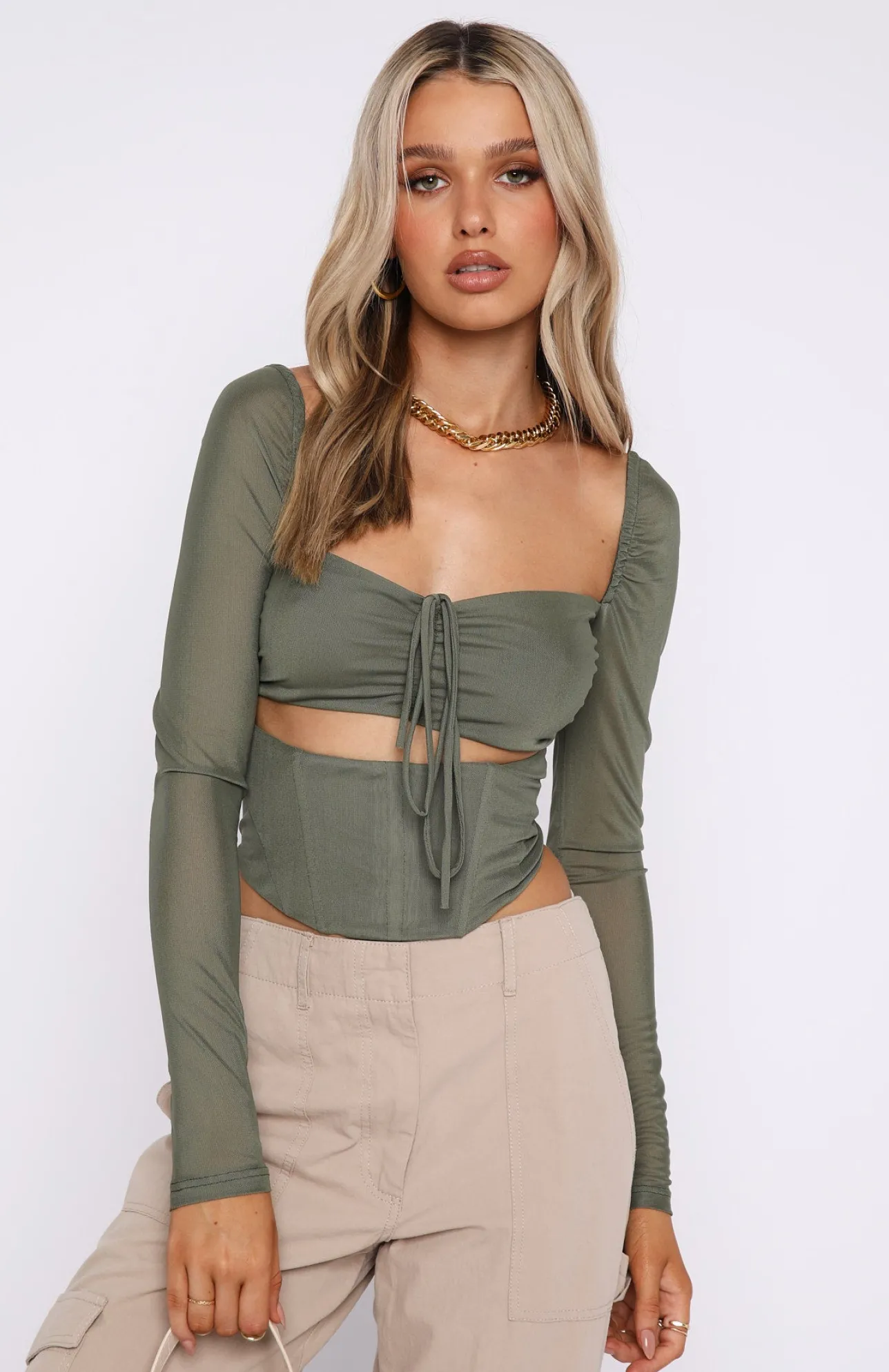 White Fox Boutique Not Phased Long Sleeve Mesh Bustier Khaki green Discount
