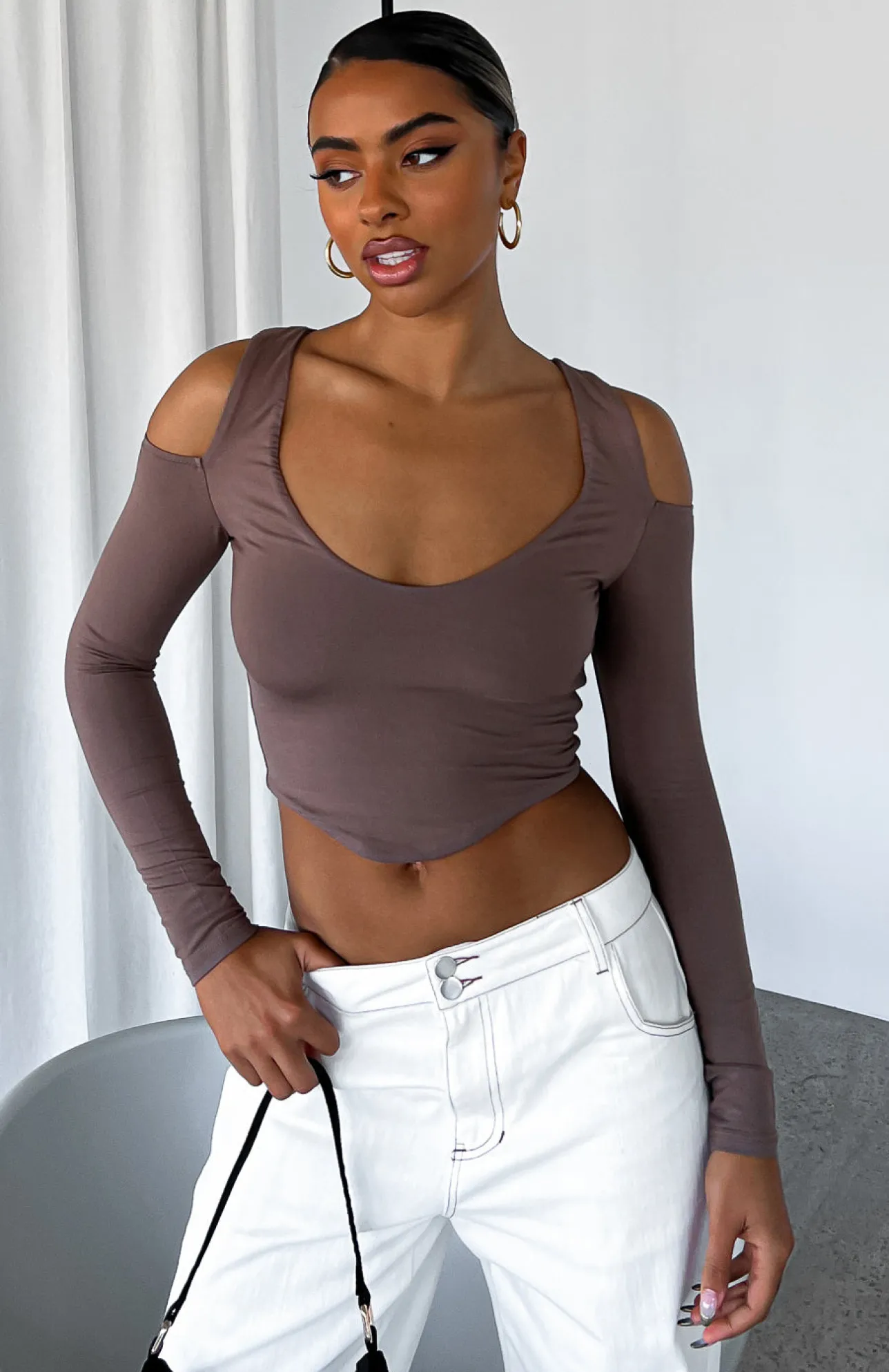 White Fox Boutique On Time Long Sleeve Crop Mocha brown Best Sale