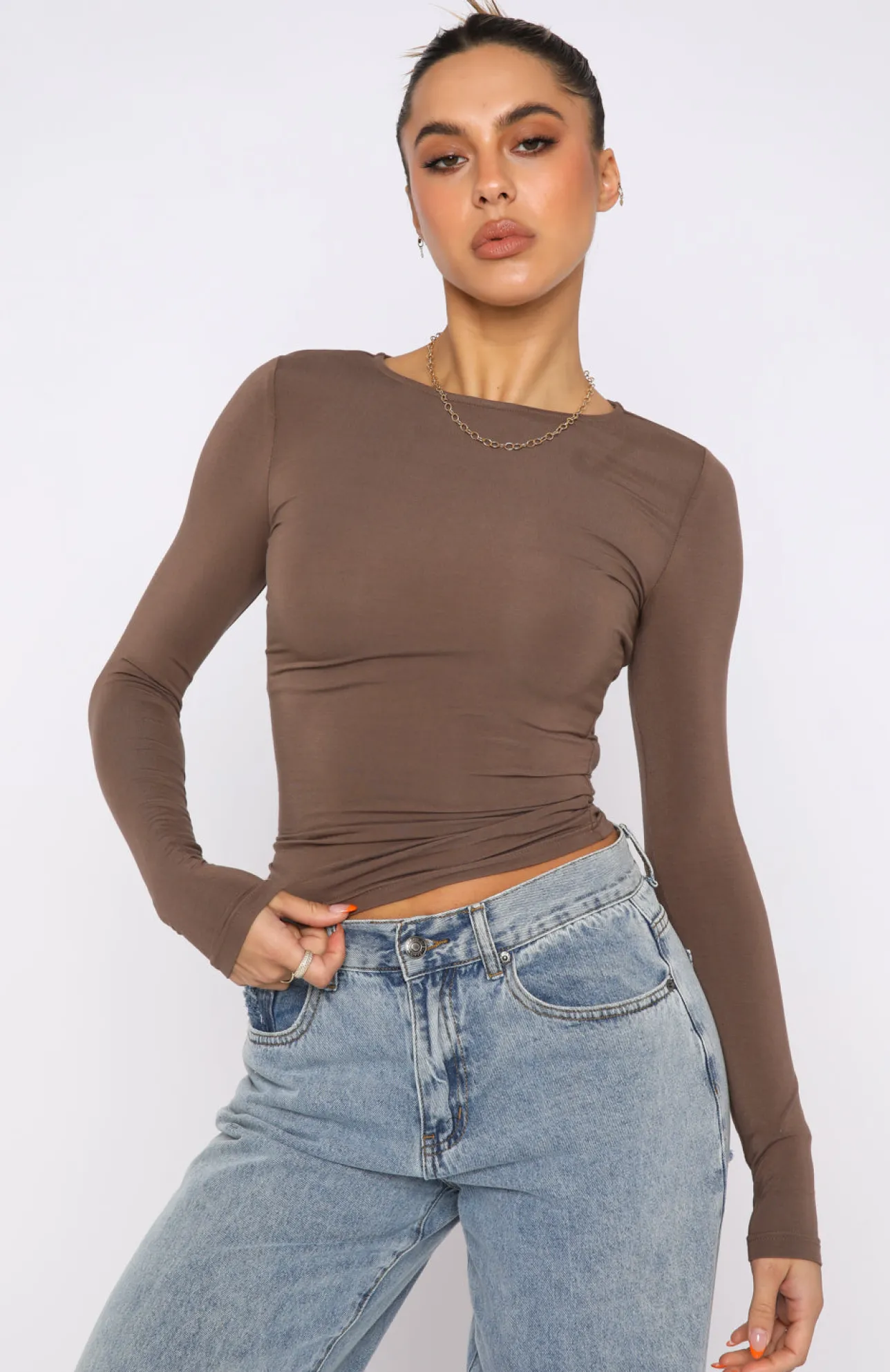 White Fox Boutique Only For Tonight Long Sleeve Top Mocha brown Flash Sale