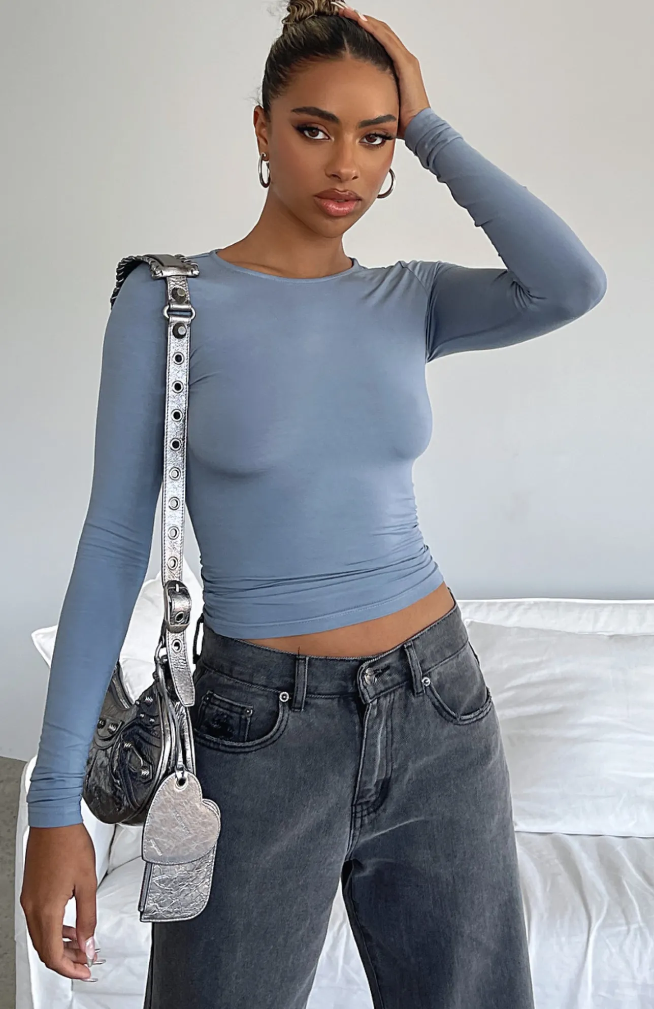 White Fox Boutique Only For Tonight Long Sleeve Top Steel blue Clearance