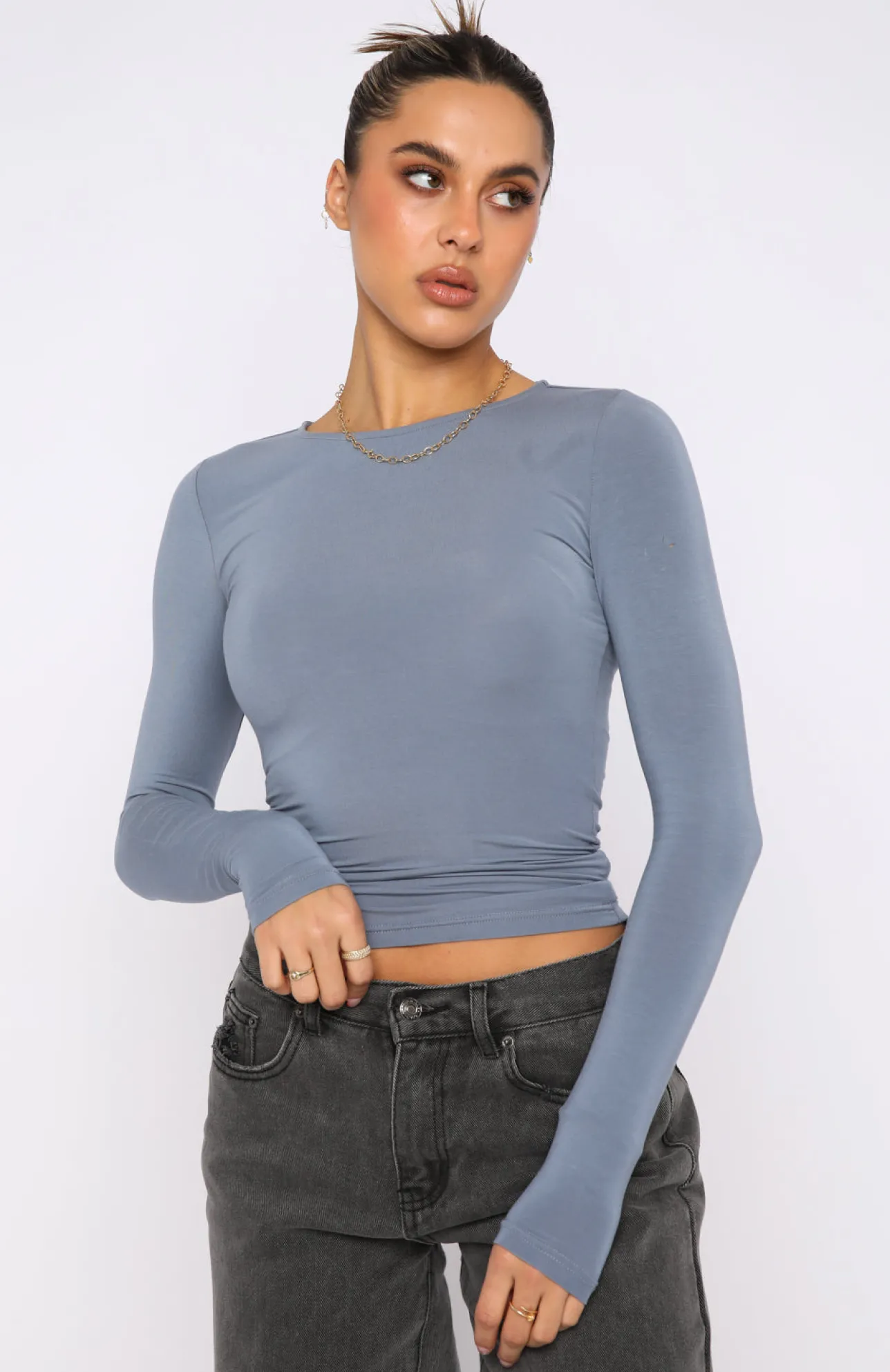 White Fox Boutique Only For Tonight Long Sleeve Top Steel blue Clearance