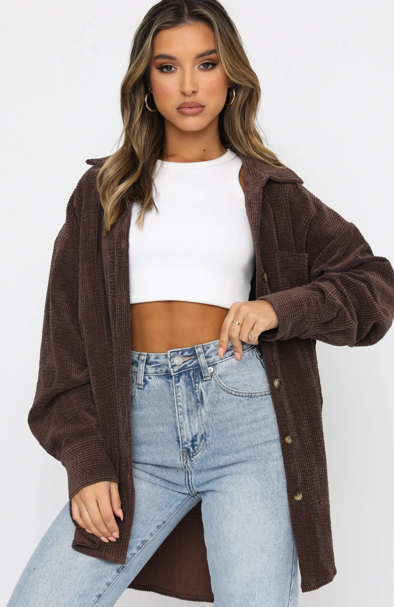 White Fox Boutique Out And About Cord Long Sleeve Shirt Chocolate brown Online