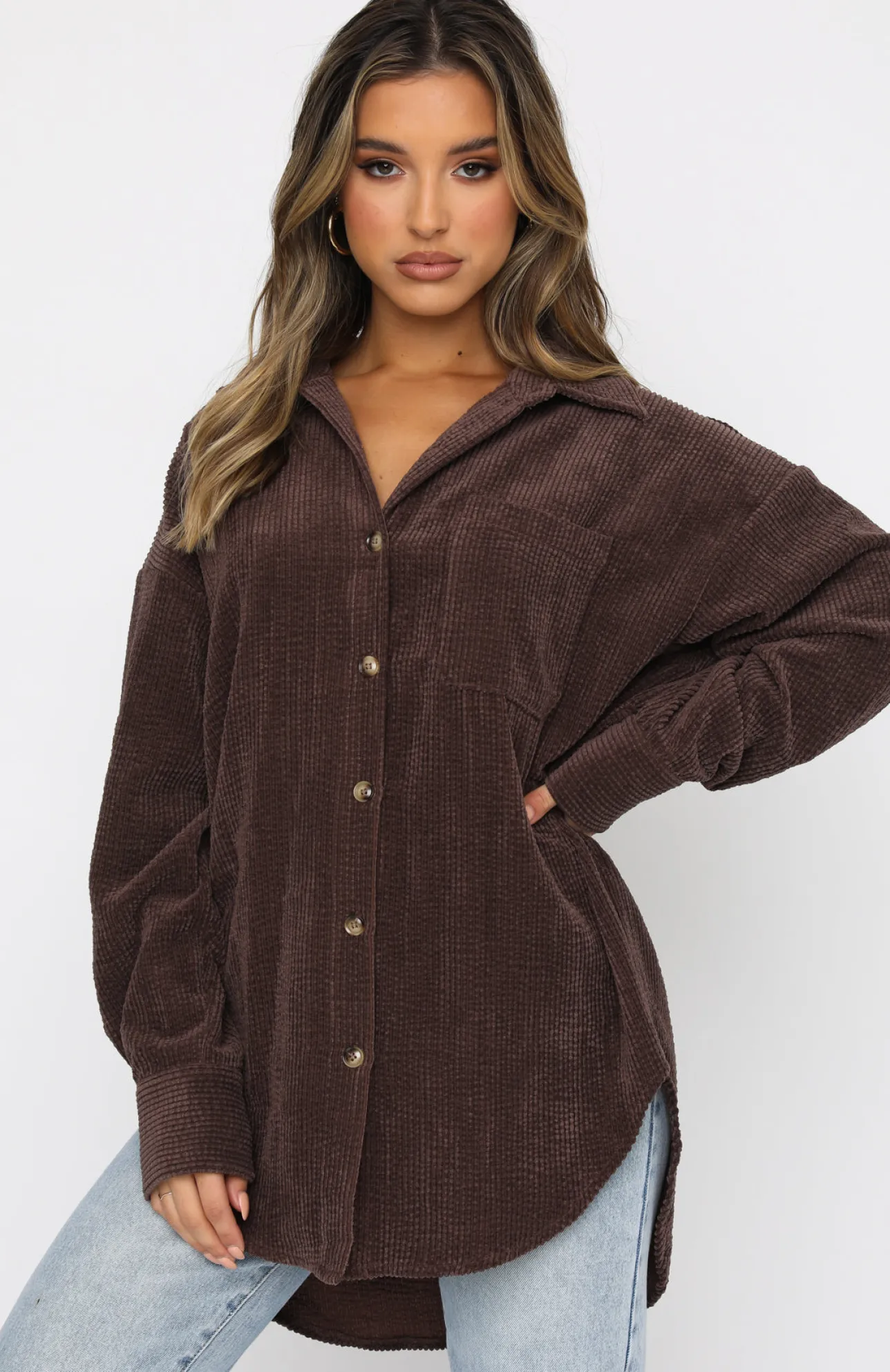 White Fox Boutique Out And About Cord Long Sleeve Shirt Chocolate brown Online