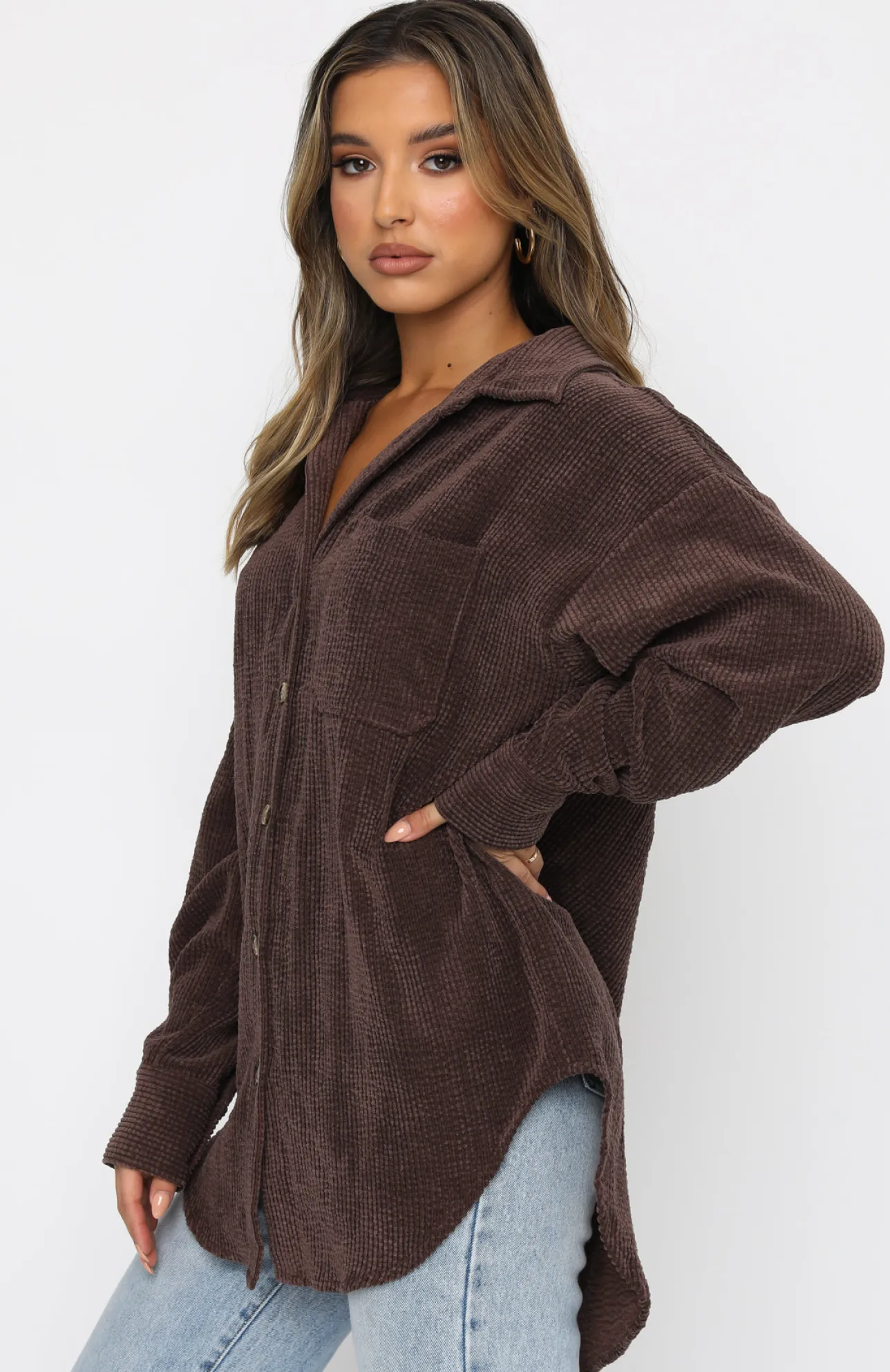 White Fox Boutique Out And About Cord Long Sleeve Shirt Chocolate brown Online