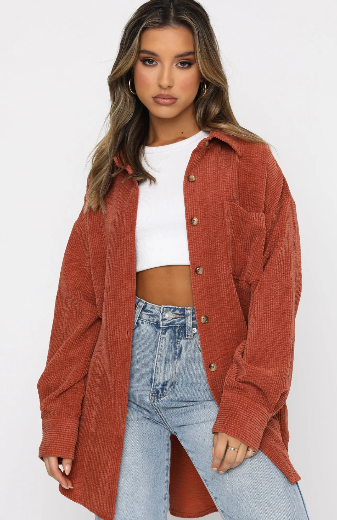 White Fox Boutique Out And About Cord Long Sleeve Shirt Rust orange Best
