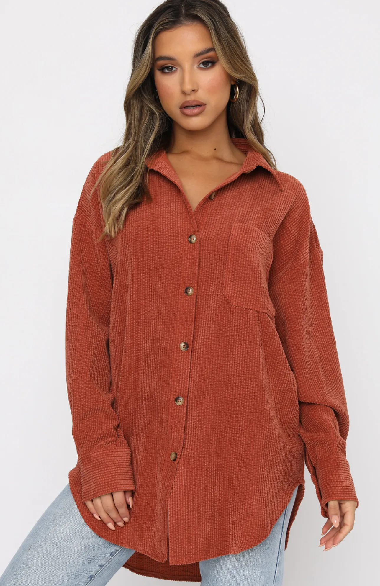 White Fox Boutique Out And About Cord Long Sleeve Shirt Rust orange Best