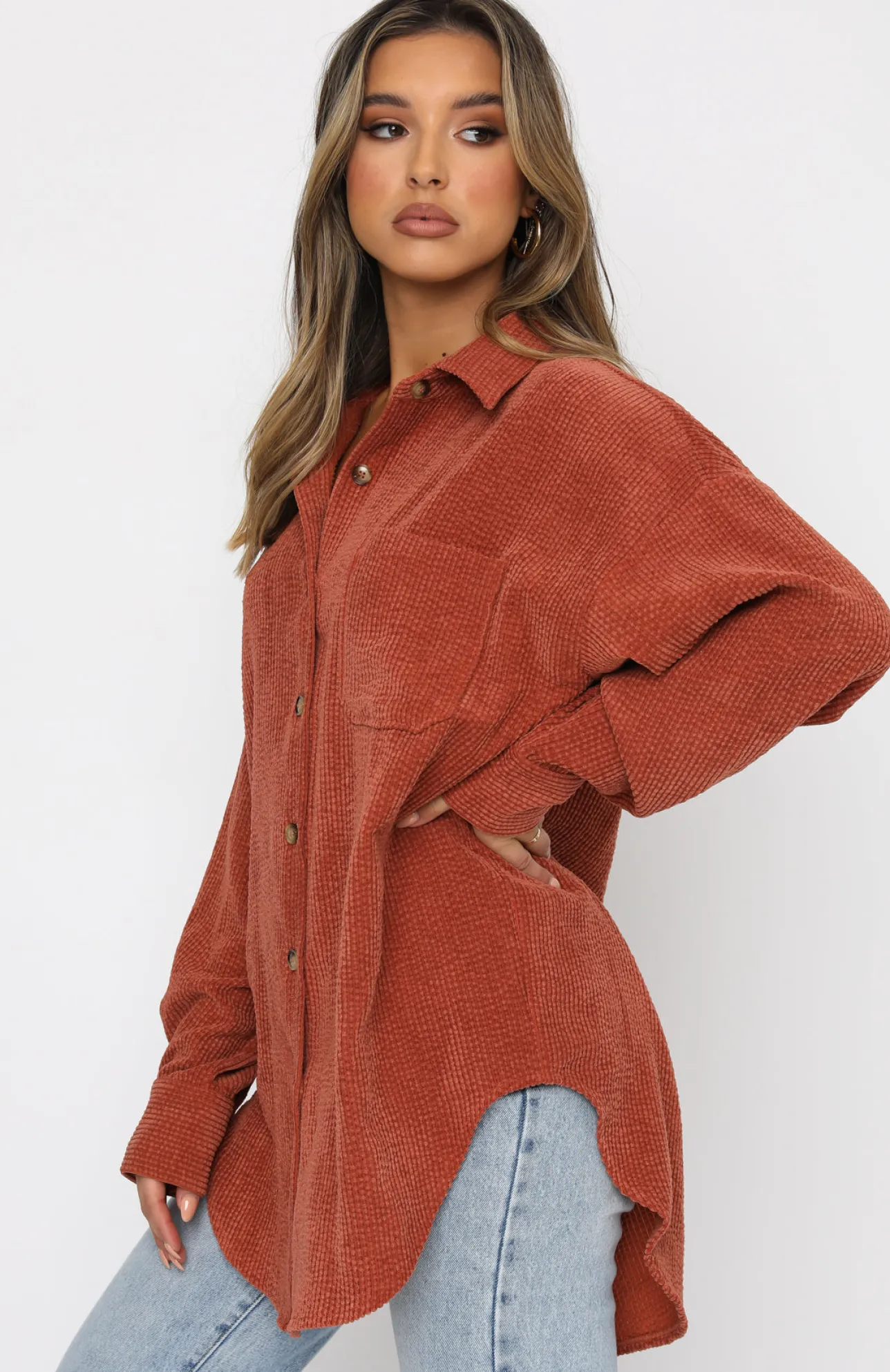 White Fox Boutique Out And About Cord Long Sleeve Shirt Rust orange Best
