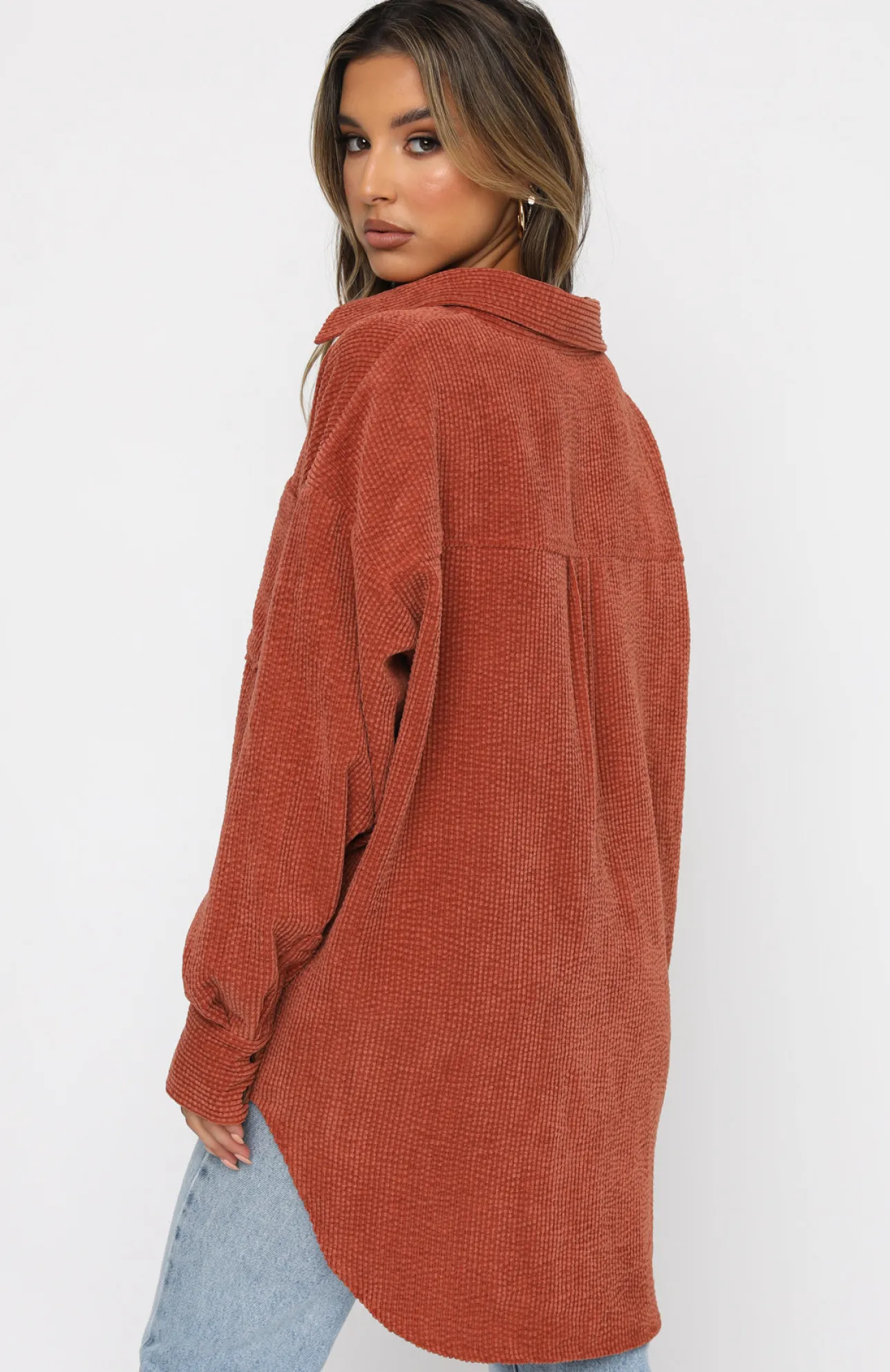 White Fox Boutique Out And About Cord Long Sleeve Shirt Rust orange Best