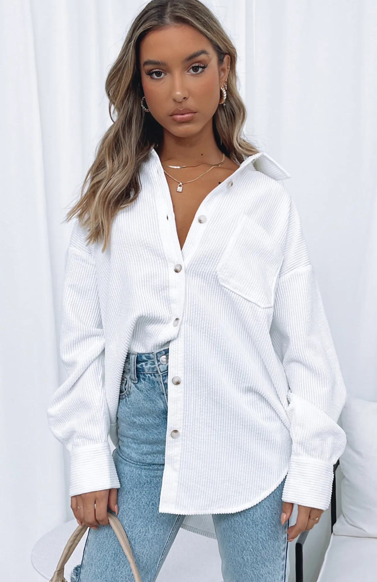 White Fox Boutique Out And About Cord Long Sleeve Shirt white Outlet