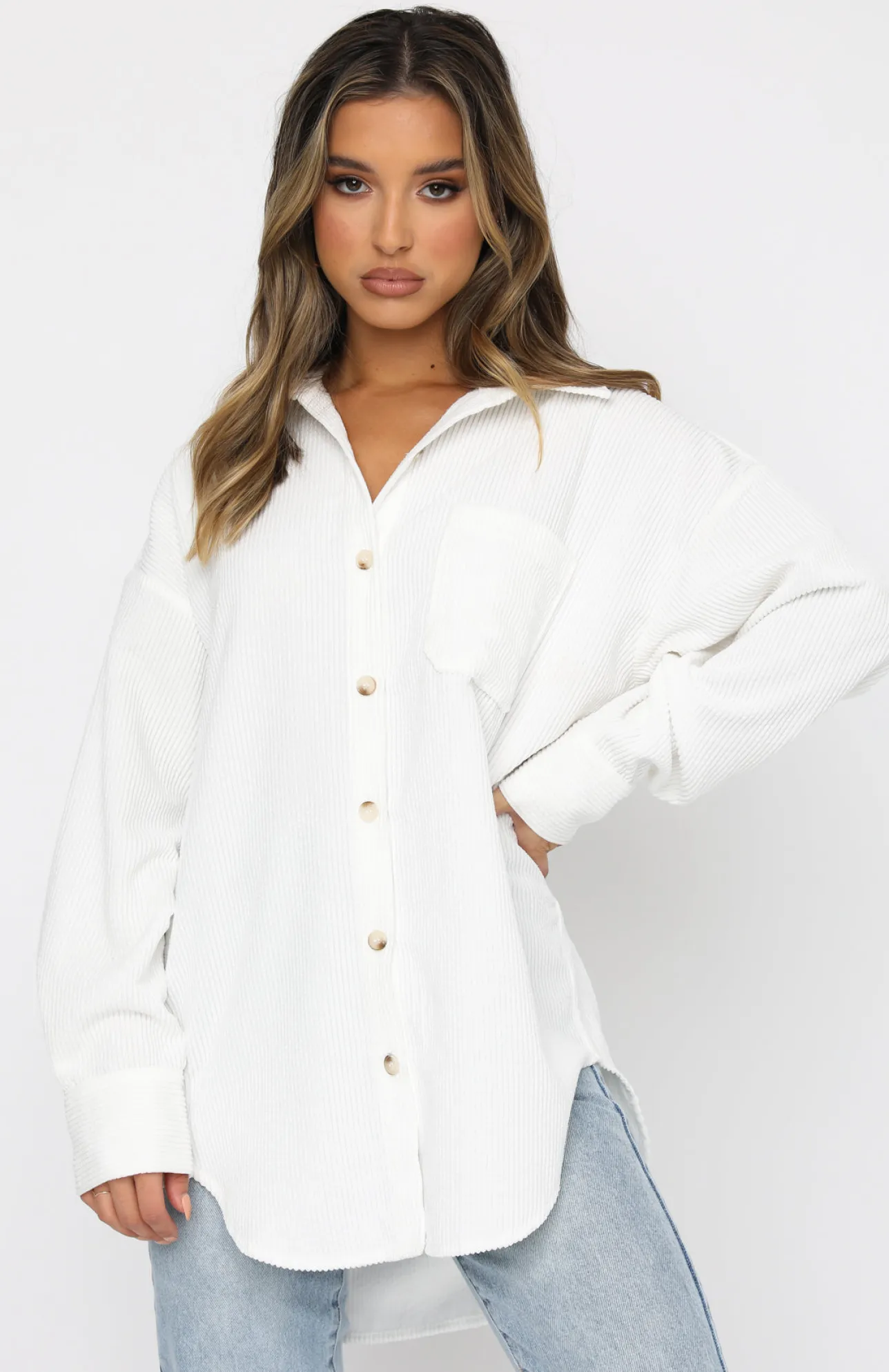 White Fox Boutique Out And About Cord Long Sleeve Shirt white Outlet