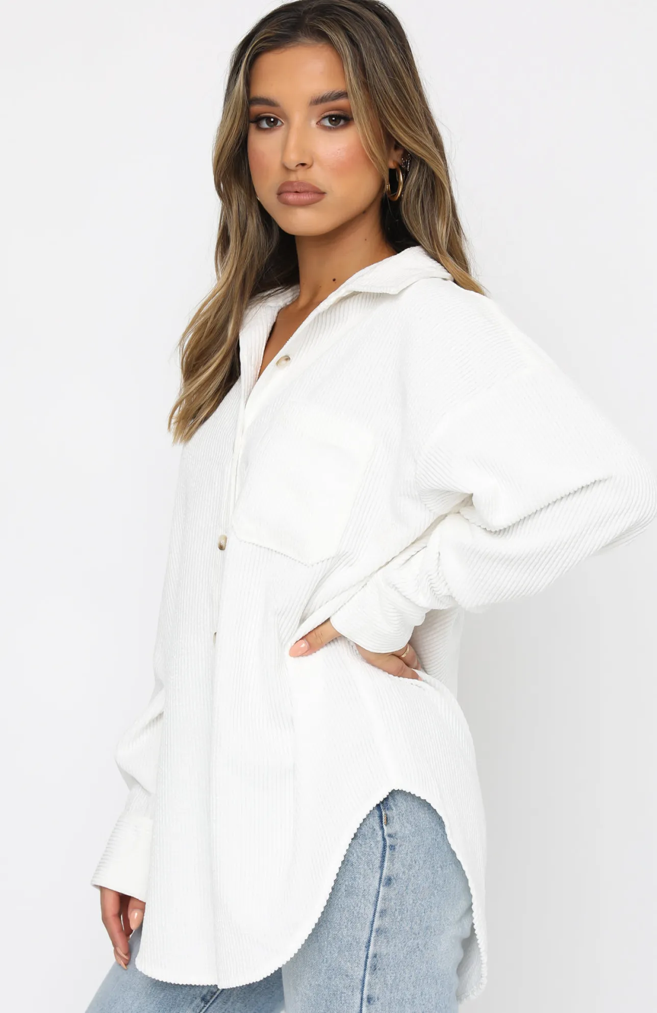 White Fox Boutique Out And About Cord Long Sleeve Shirt white Outlet