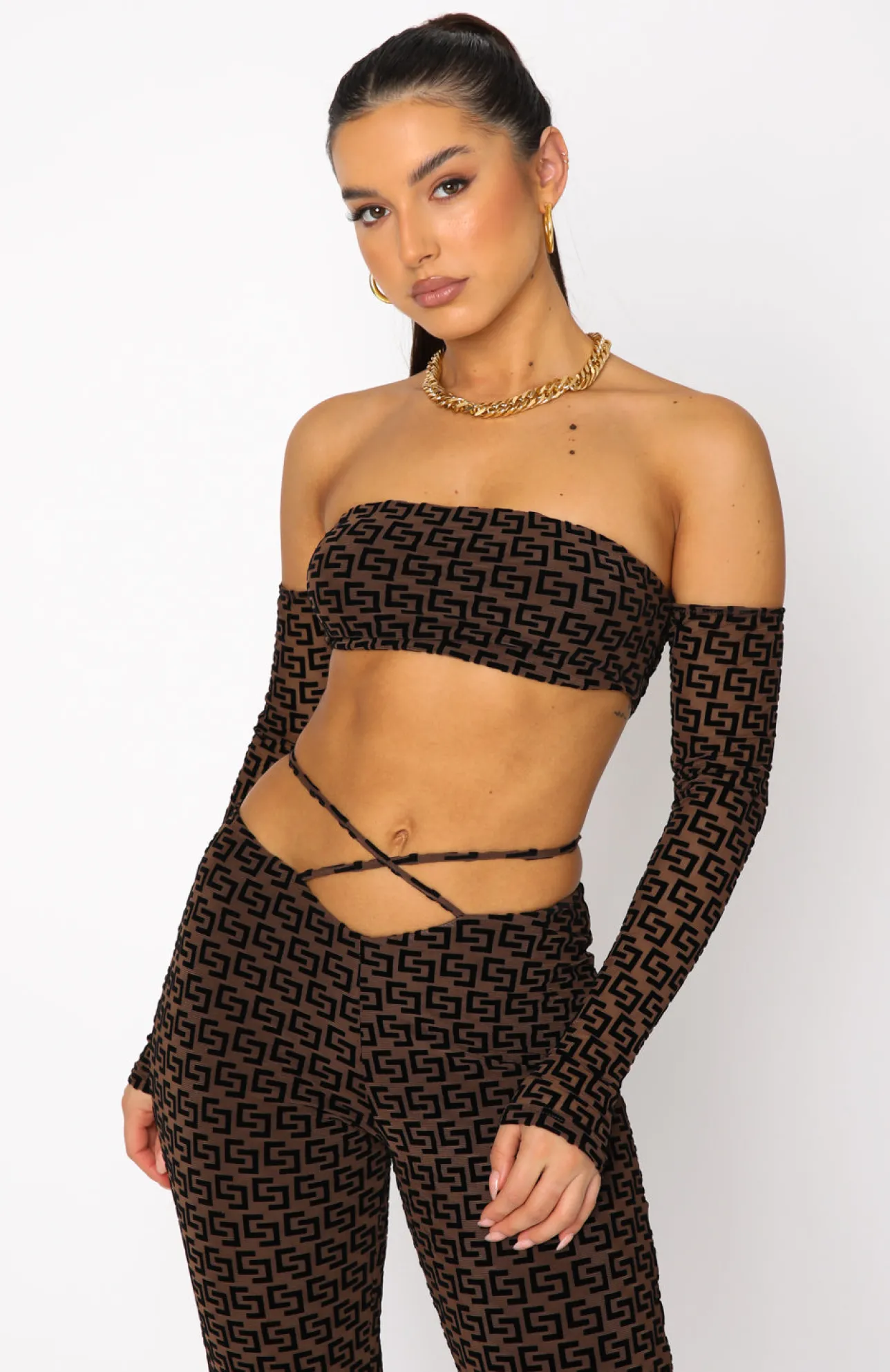 White Fox Boutique Over You Long Sleeve Crop Chocolate brown Clearance