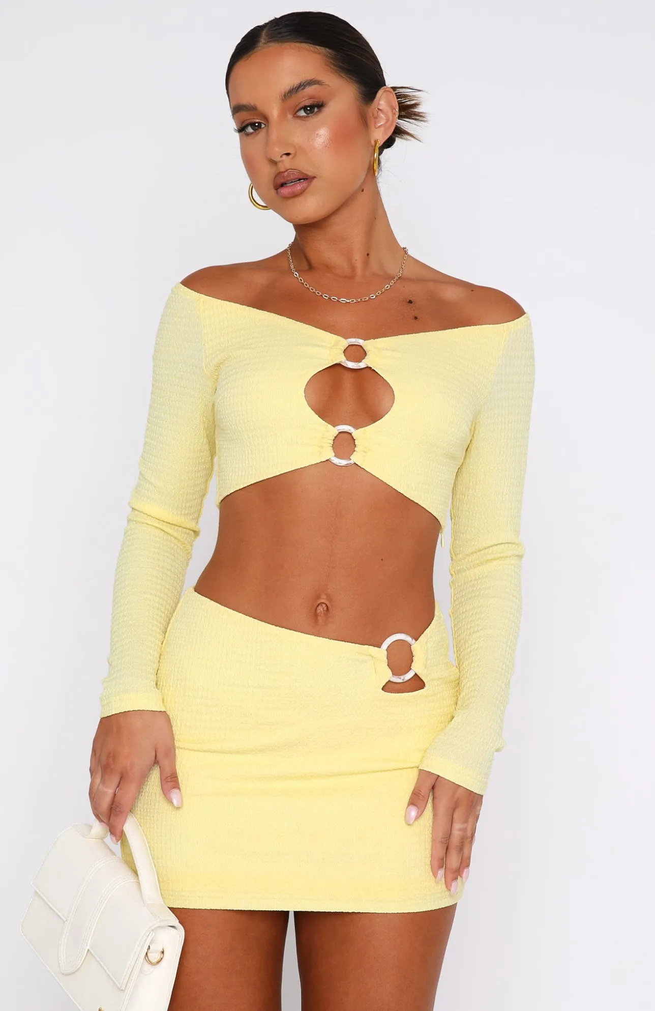White Fox Boutique Paradise Vibes Long Sleeve Crop Lemon yellow Hot