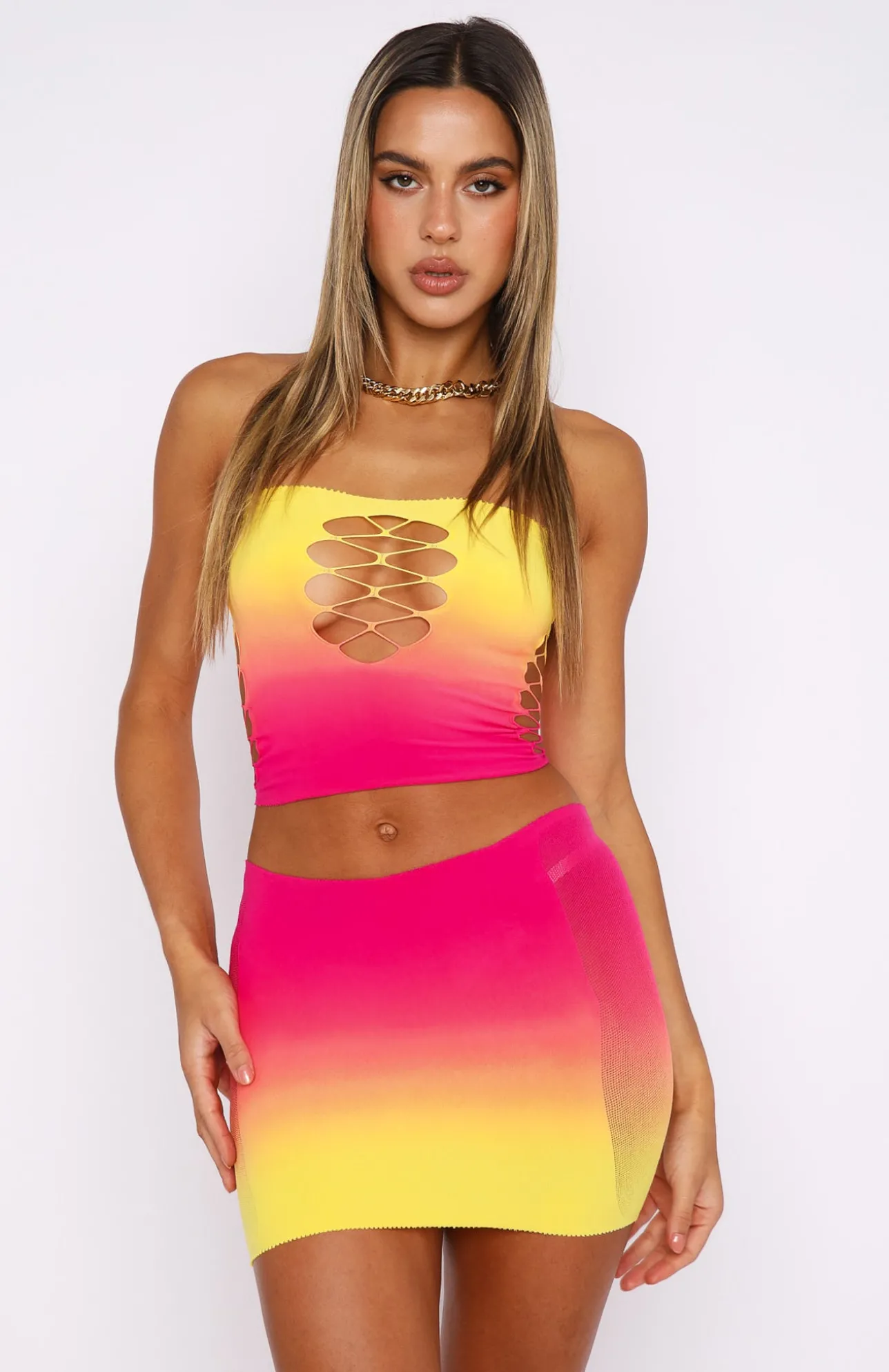White Fox Boutique Peace Of Mind Strapless Crop Sunset Gradient multi Discount