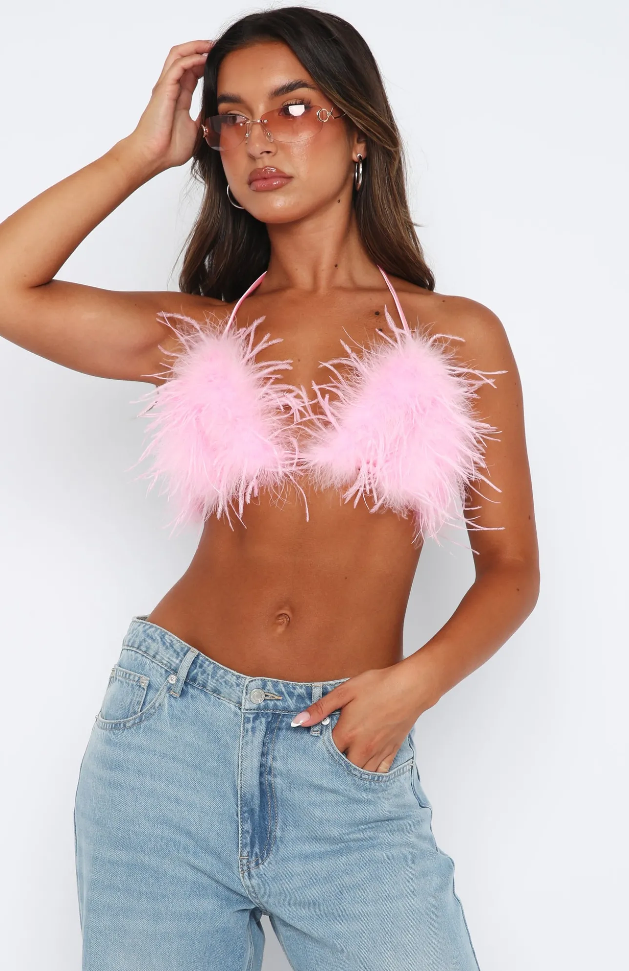 White Fox Boutique Pick Me Up Feather Bikini Top pink Flash Sale