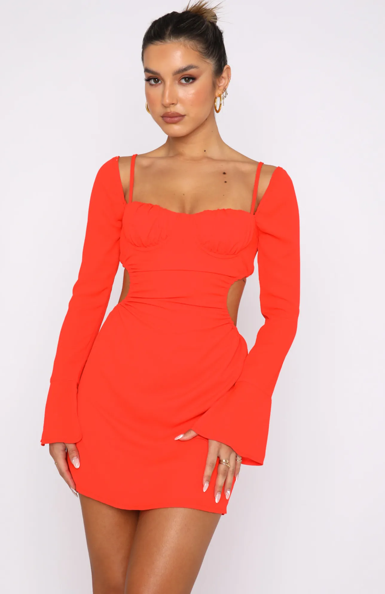 White Fox Boutique Please Hold Long Sleeve Mini Dress Fiery Red orange New