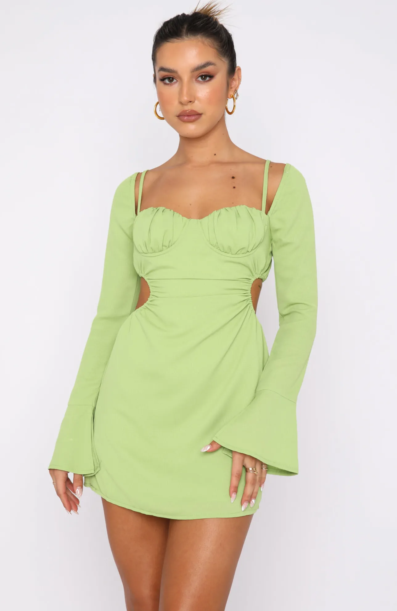White Fox Boutique Please Hold Long Sleeve Mini Dress Matcha green Outlet