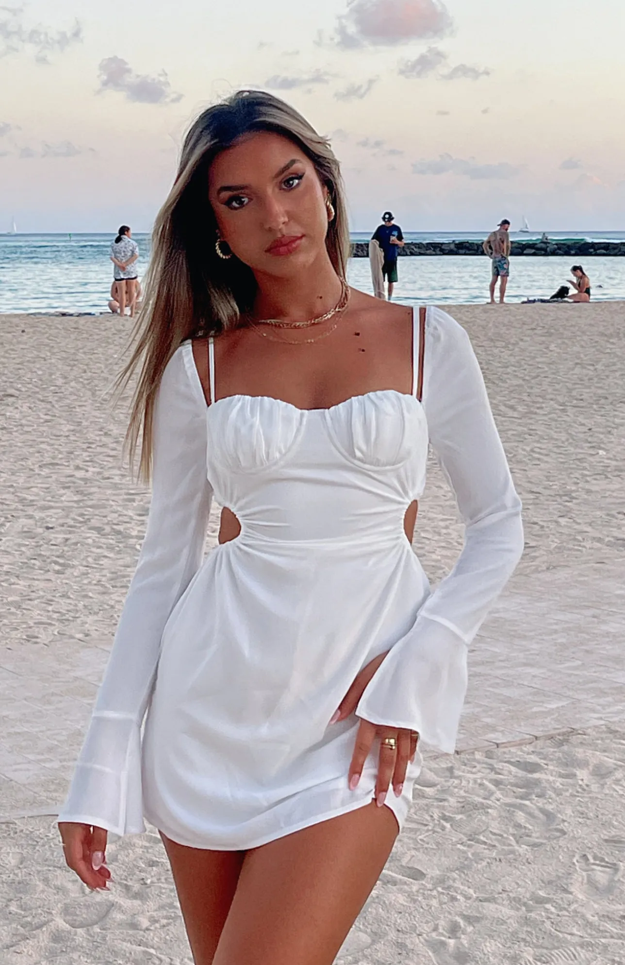 White Fox Boutique Please Hold Long Sleeve Mini Dress white Cheap