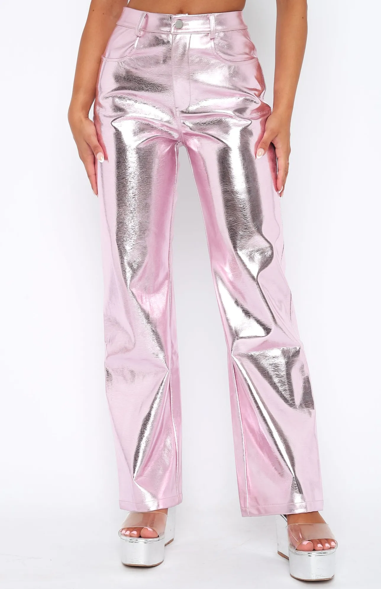 White Fox Boutique Push The Button Pu Pants Baby pink Cheap