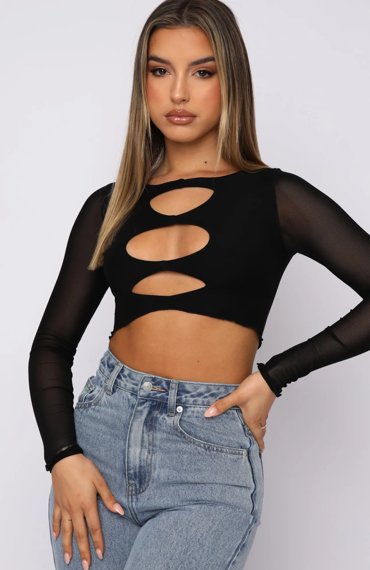 White Fox Boutique Real Things Long Sleeve Crop black Discount