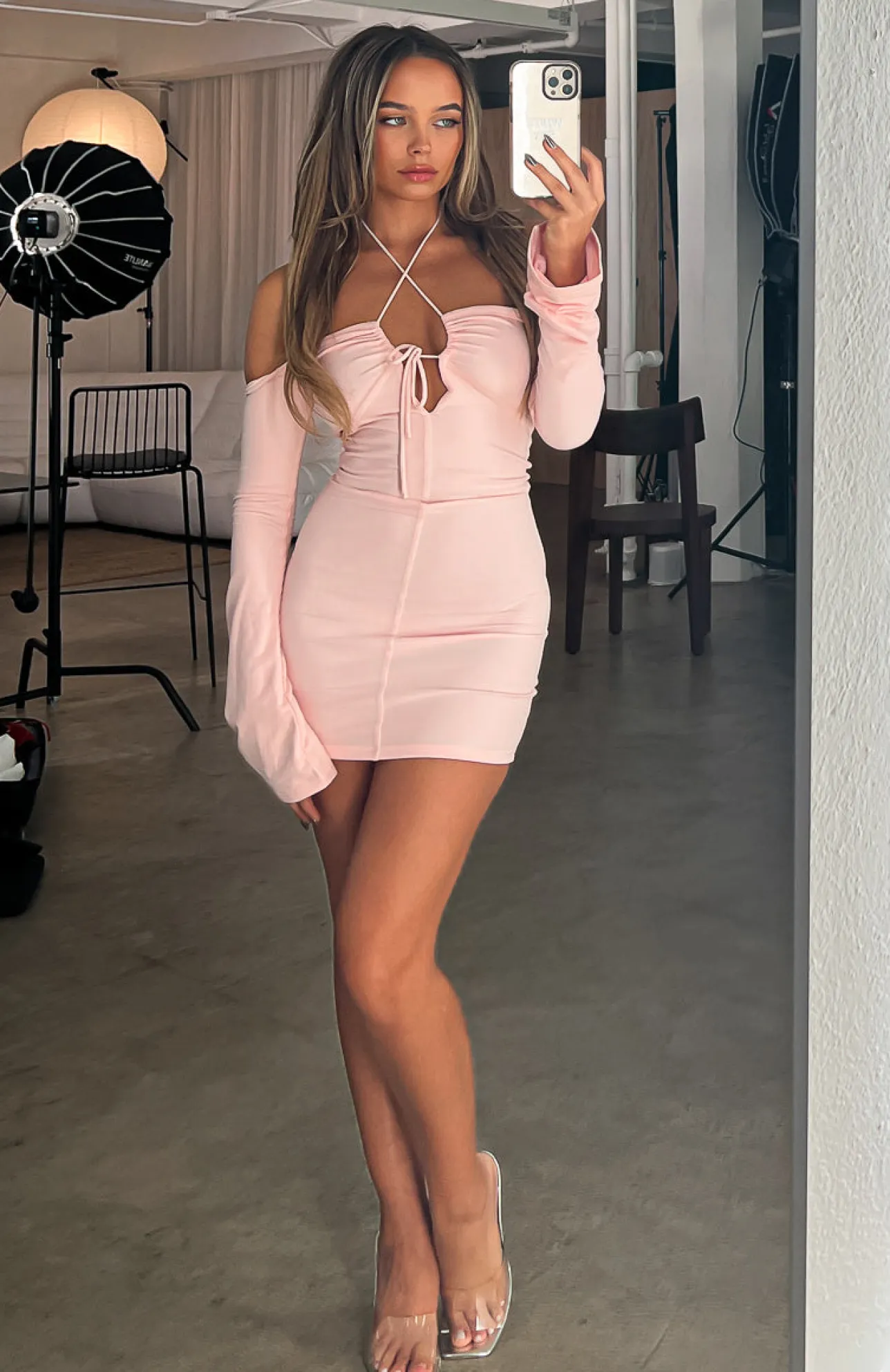 White Fox Boutique Rock That Body Long Sleeve Mini Dress Bubble Bath pink Clearance