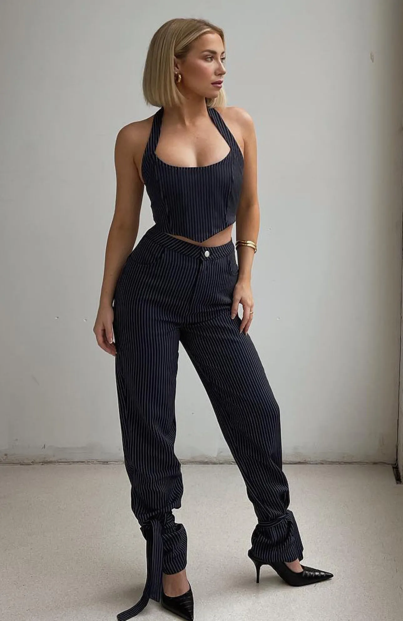 White Fox Boutique Run To Me Pants Navy Pinstripe blue Sale