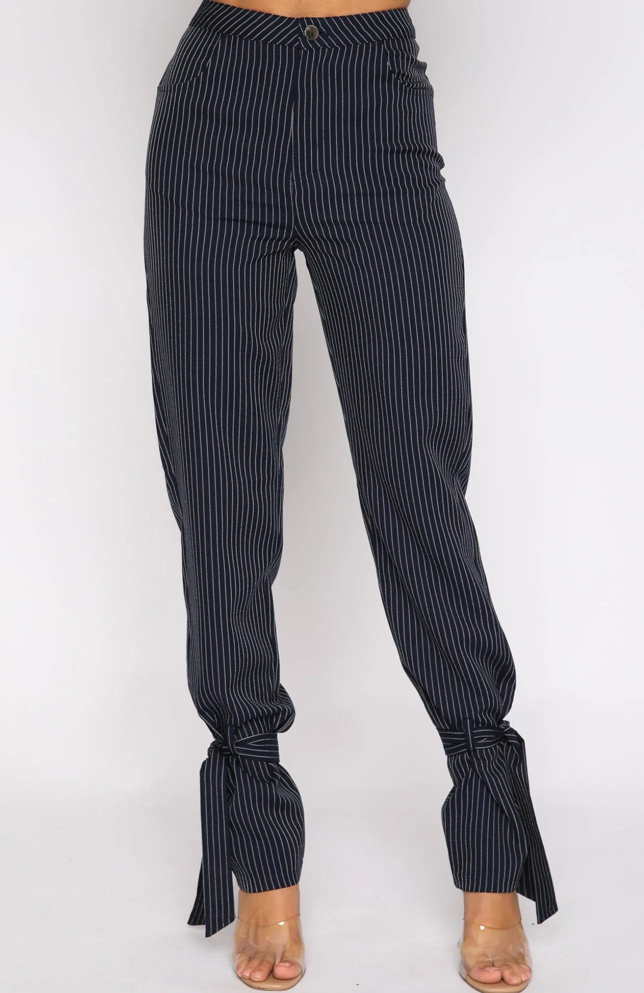 White Fox Boutique Run To Me Pants Navy Pinstripe blue Sale