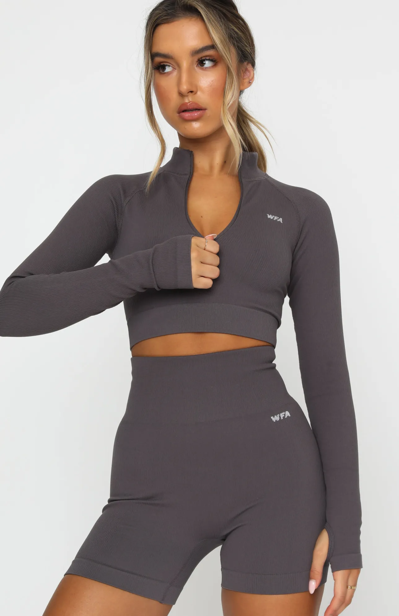 White Fox Boutique Seamless Long Sleeve Sports Crop Shadow grey Outlet