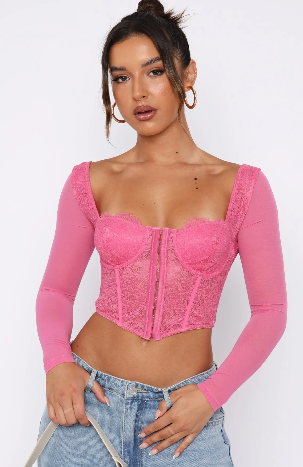 White Fox Boutique She's Magic Long Sleeve Lace Bustier Hot pink Clearance