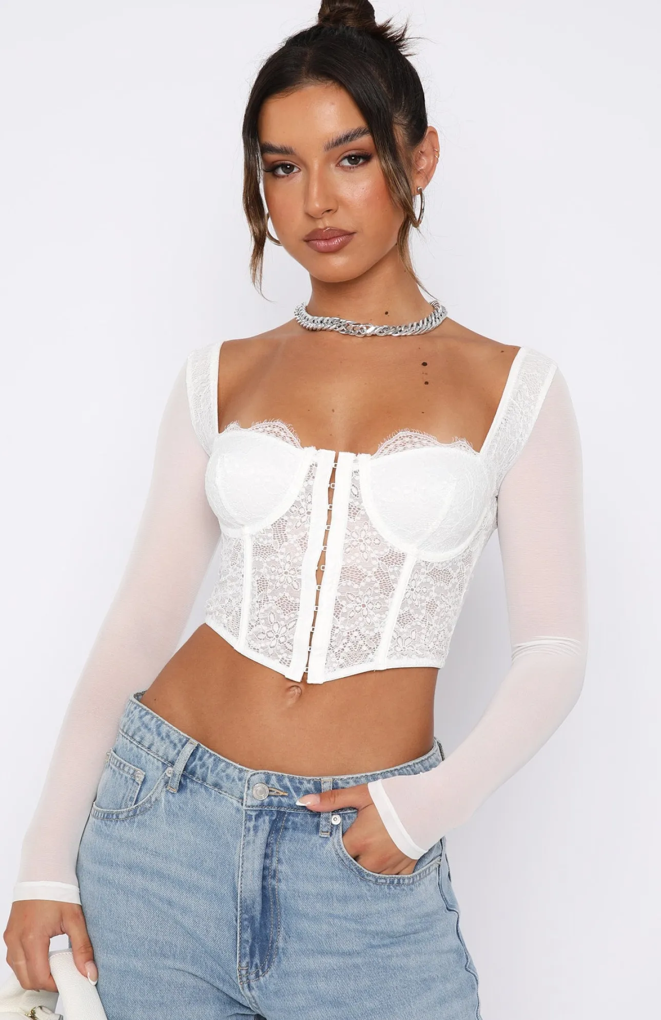 White Fox Boutique She's Magic Long Sleeve Lace Bustier white Store