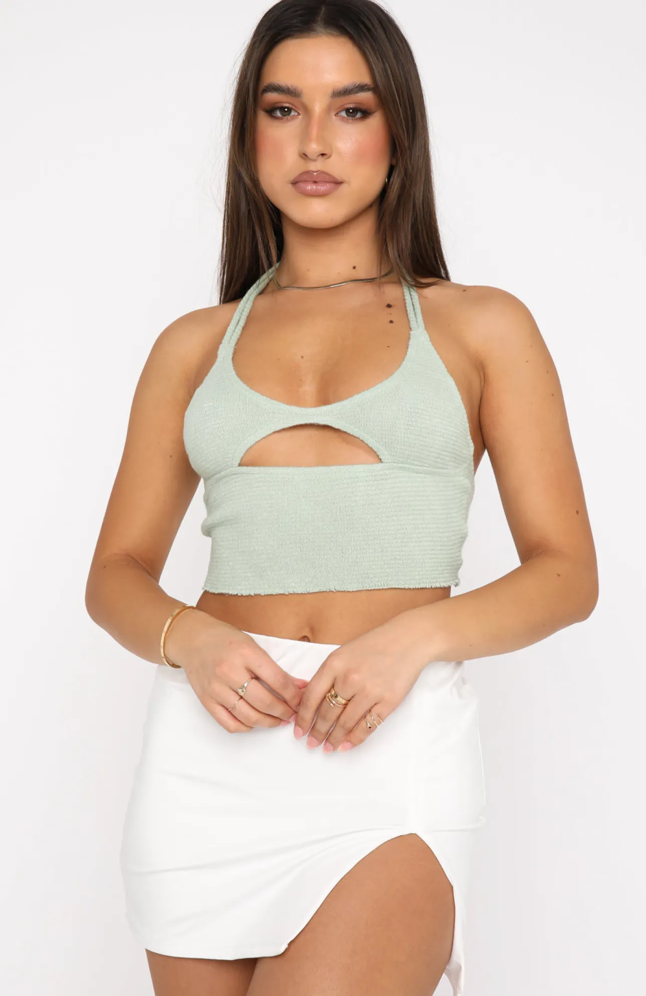 White Fox Boutique Simply Hooked Crop Sage green Clearance