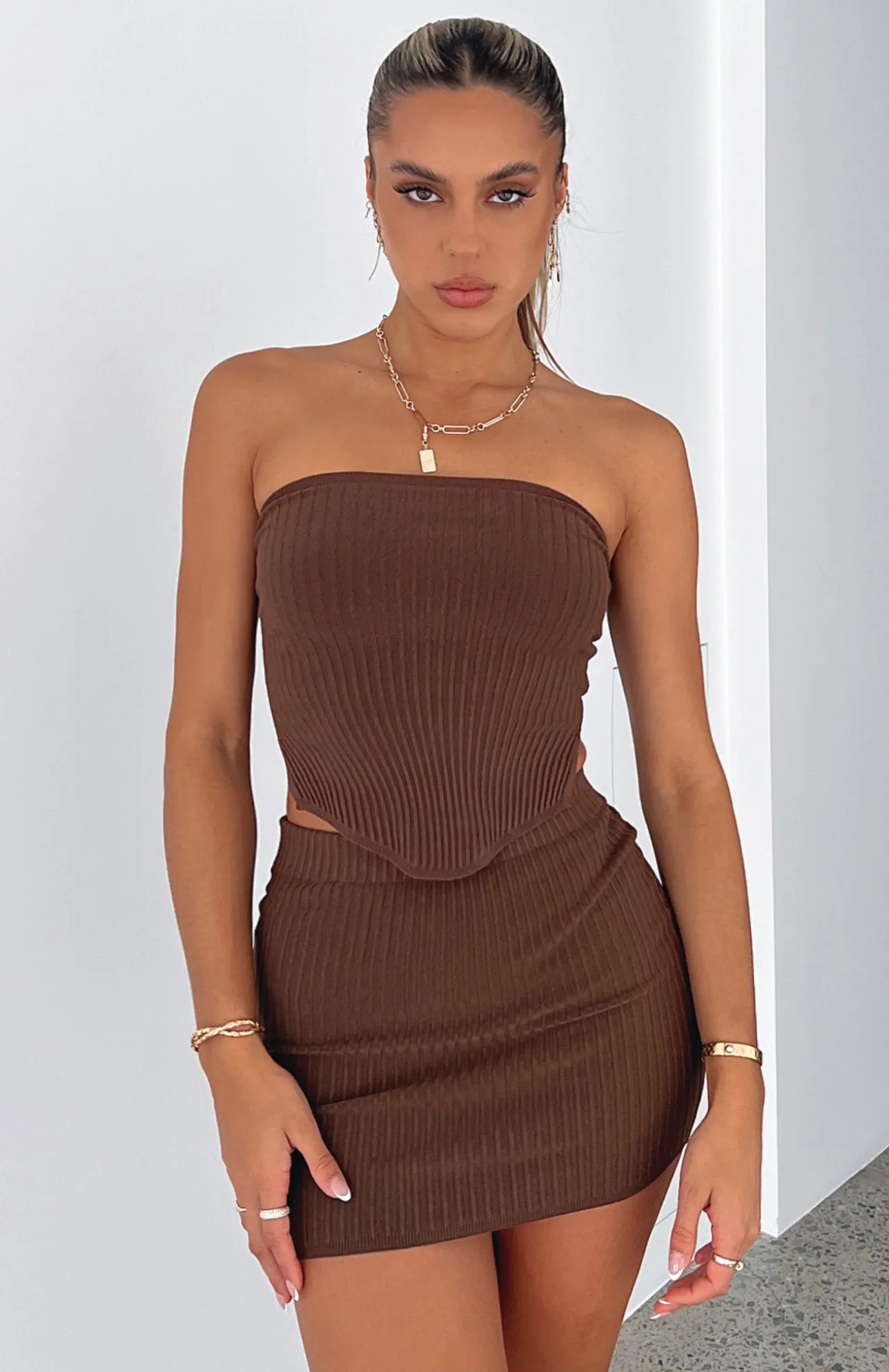 White Fox Boutique Slow Jams Knitted Mini Skirt Chocolate brown Fashion