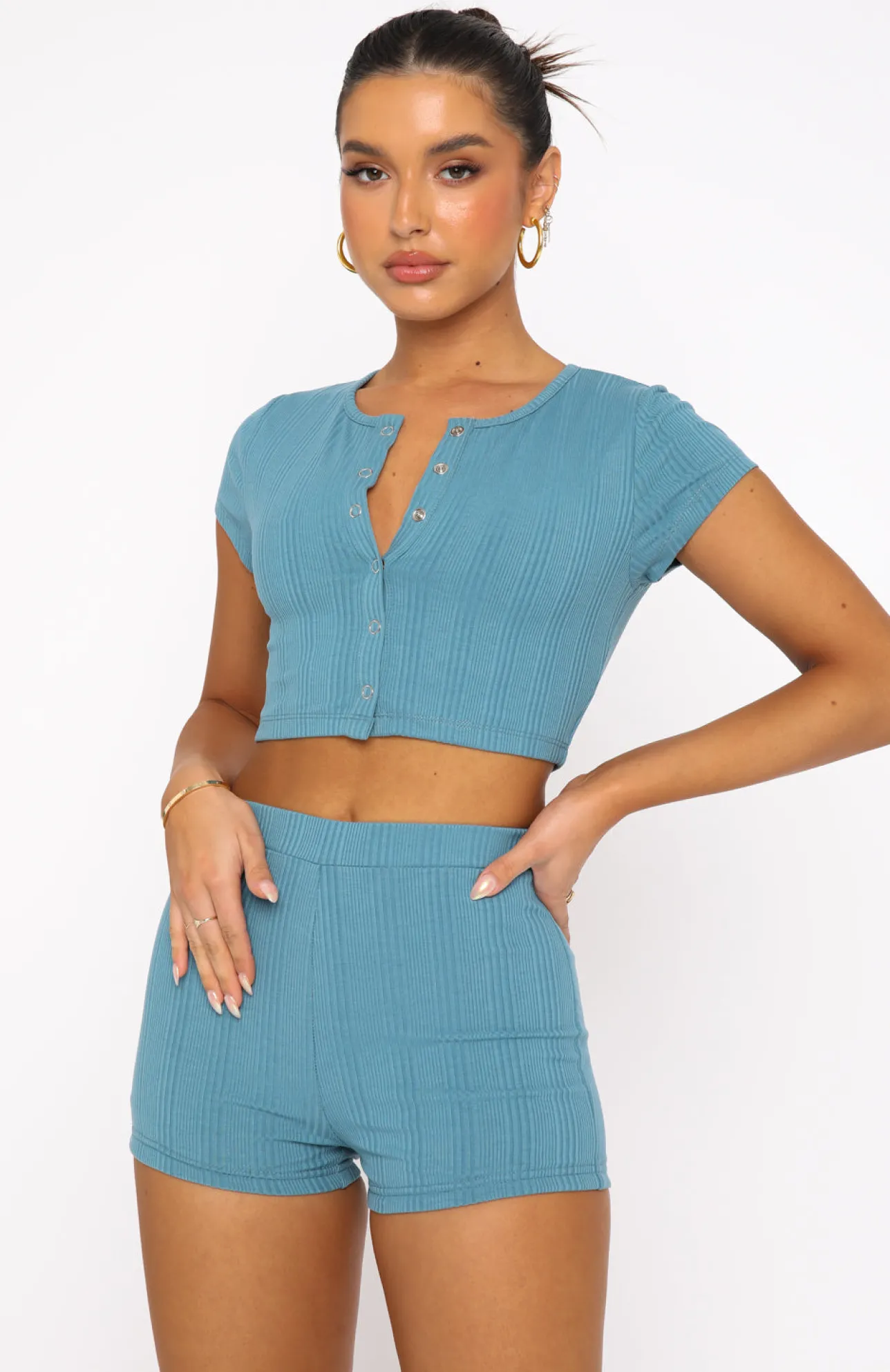 White Fox Boutique So You Remember Ribbed Booty Shorts Teal green Sale