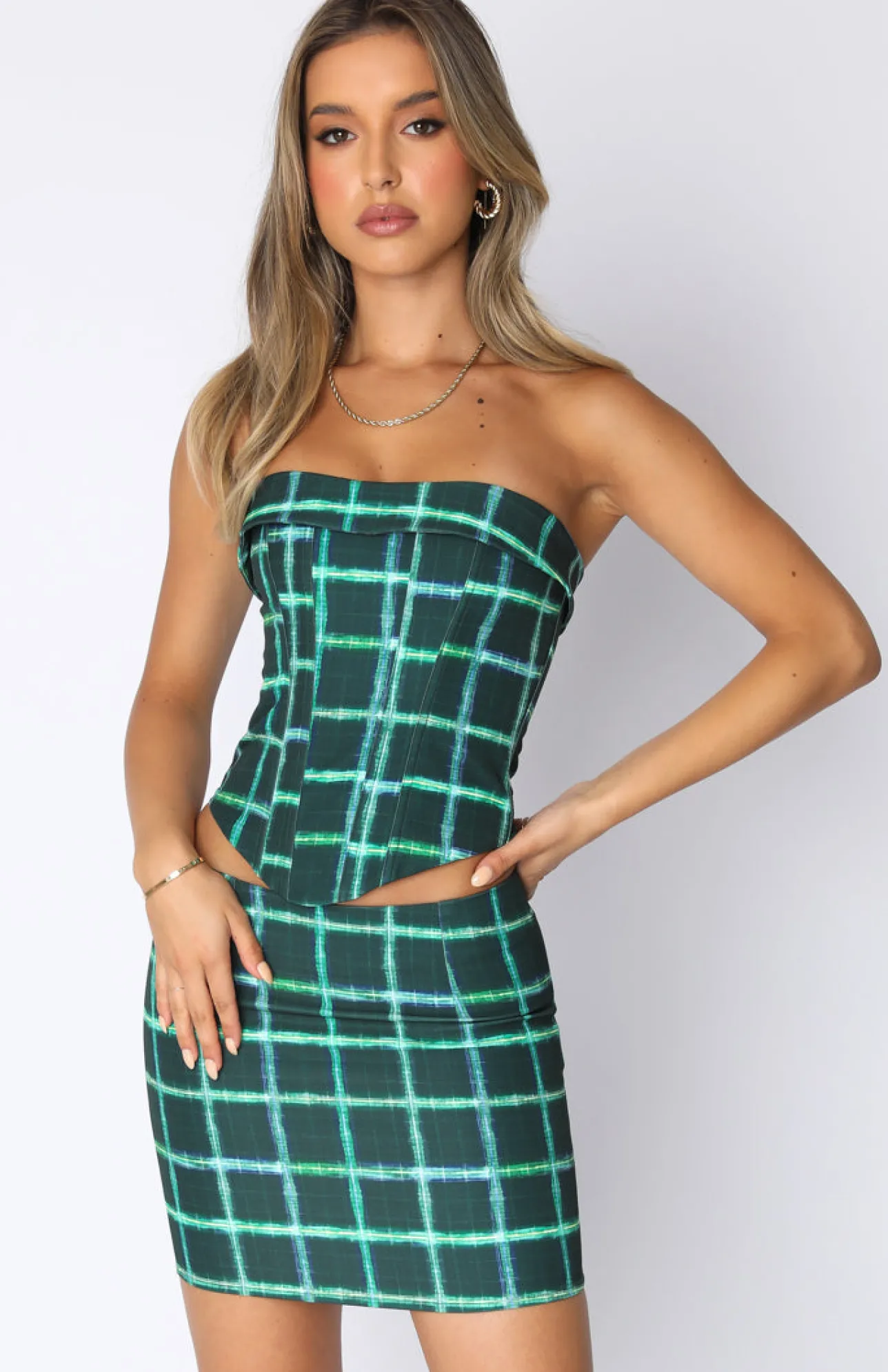White Fox Boutique Soft Spot Bustier Plaid green Clearance
